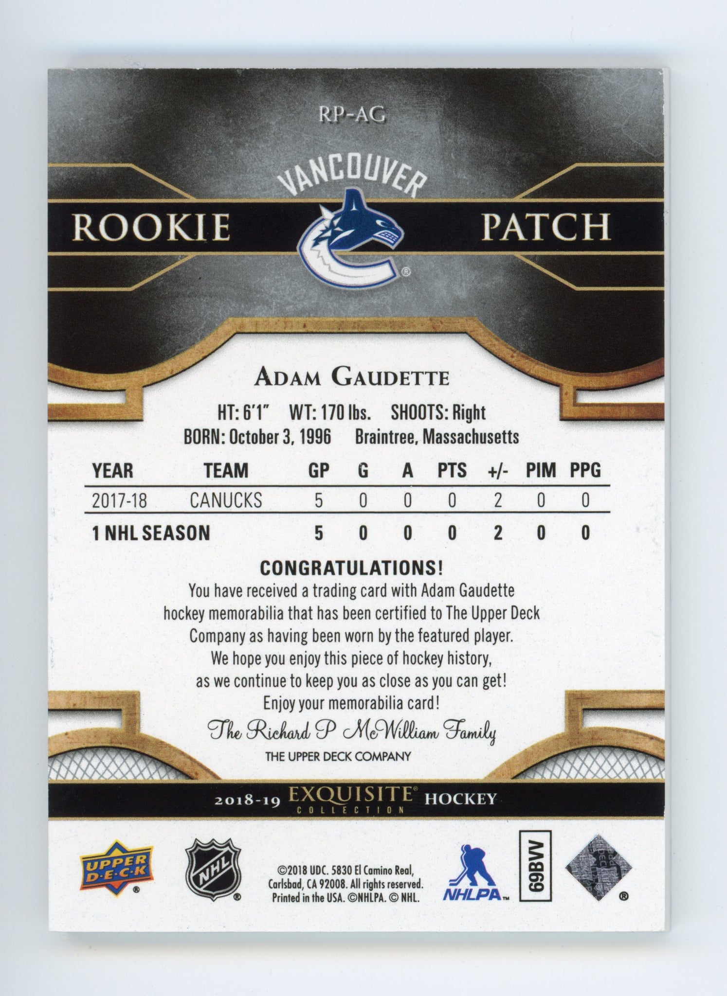 2018-2019 Adam Gaudette Rookie Patch #d /299 Exquisite Collection Vancouver Canucks #RP-AG