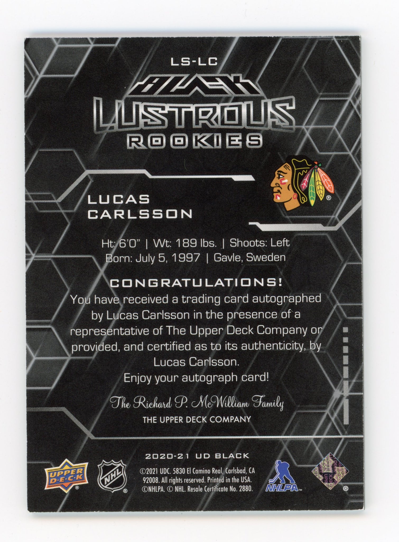 2020-2021 Lucas Carlsson Lustrous Rookie Autographed #d /299 Chicago Blackhawks # LS-LC