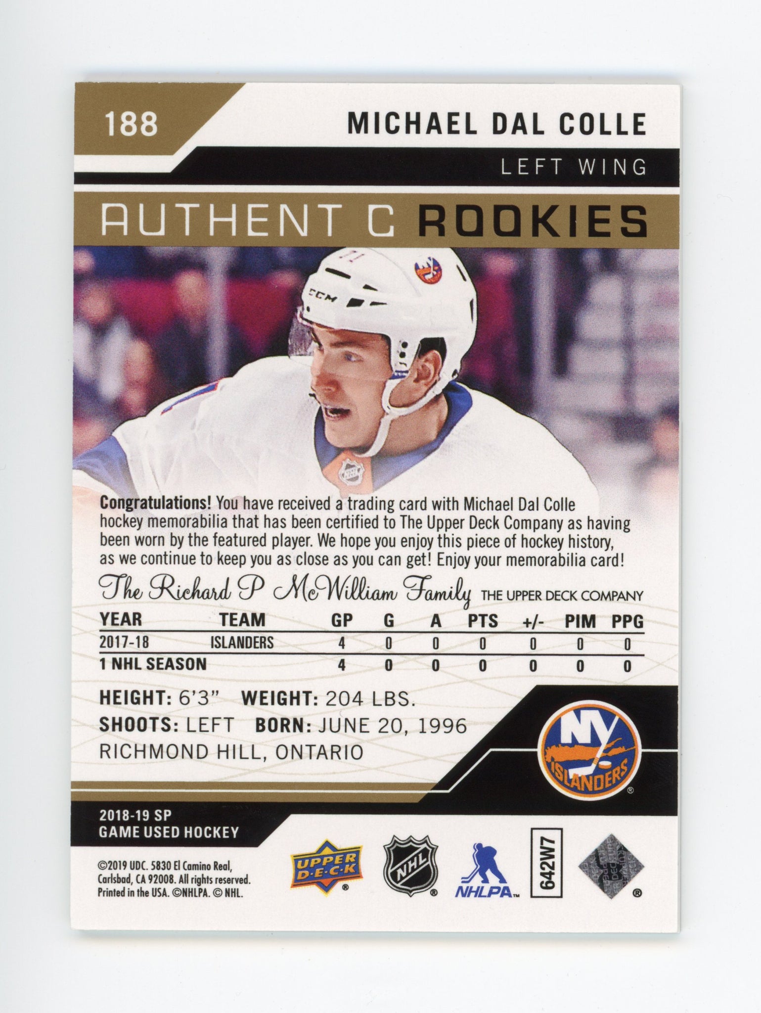 2018-2019 Michael Dal Colle Rookie #d /499 SP Game Used New York Islanders #188