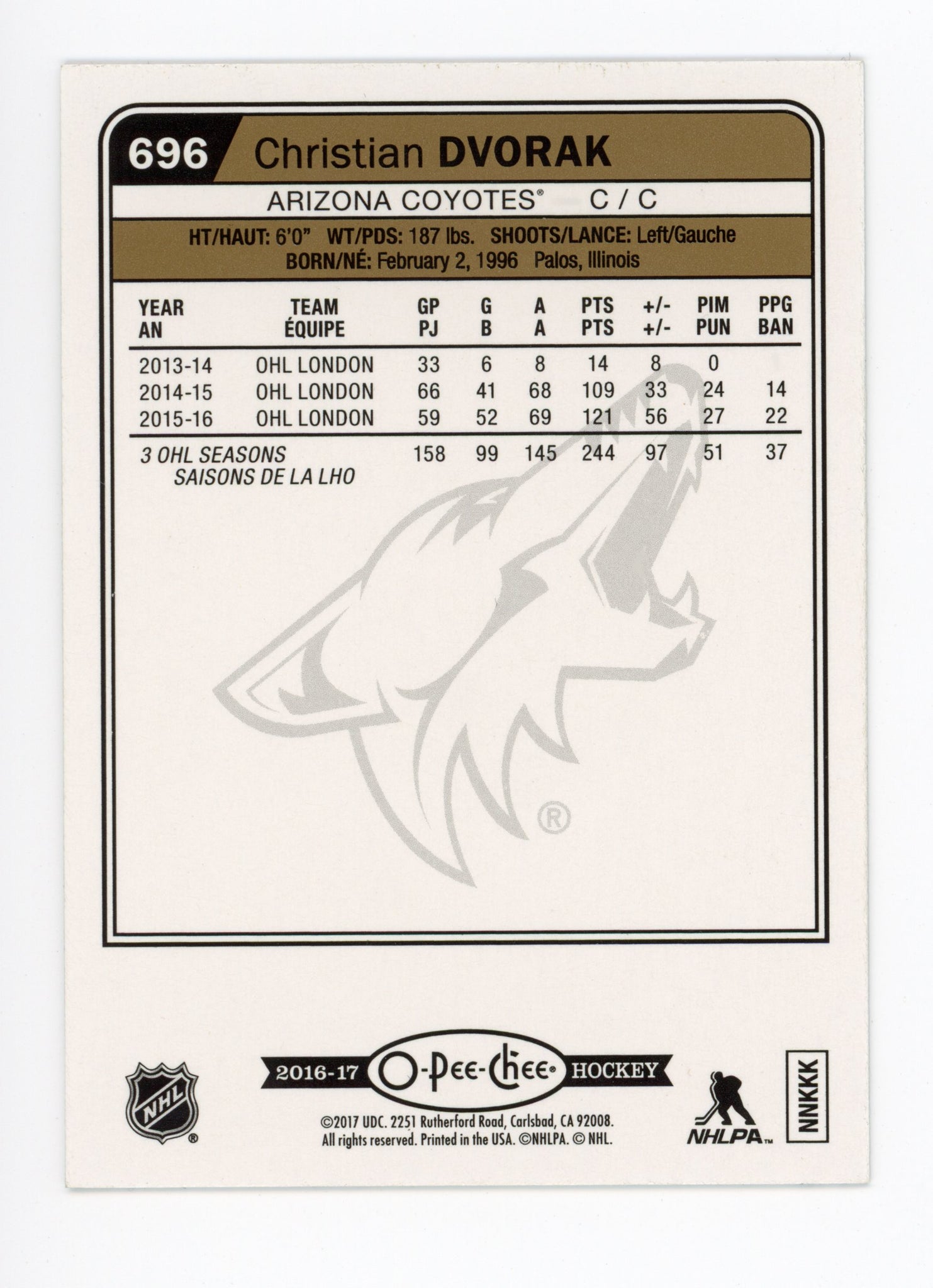 2016-2017 Christian Dvorak Marquee Rookies Rainbow OPC Arizona Coyotes #696
