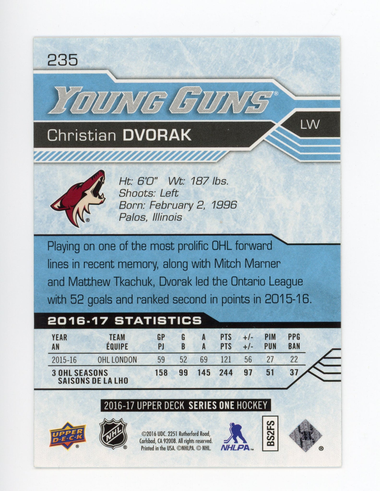 2016-2017 Christian Dvorak Young Guns Upper Deck Series 1 Arizona Coyotes # 235