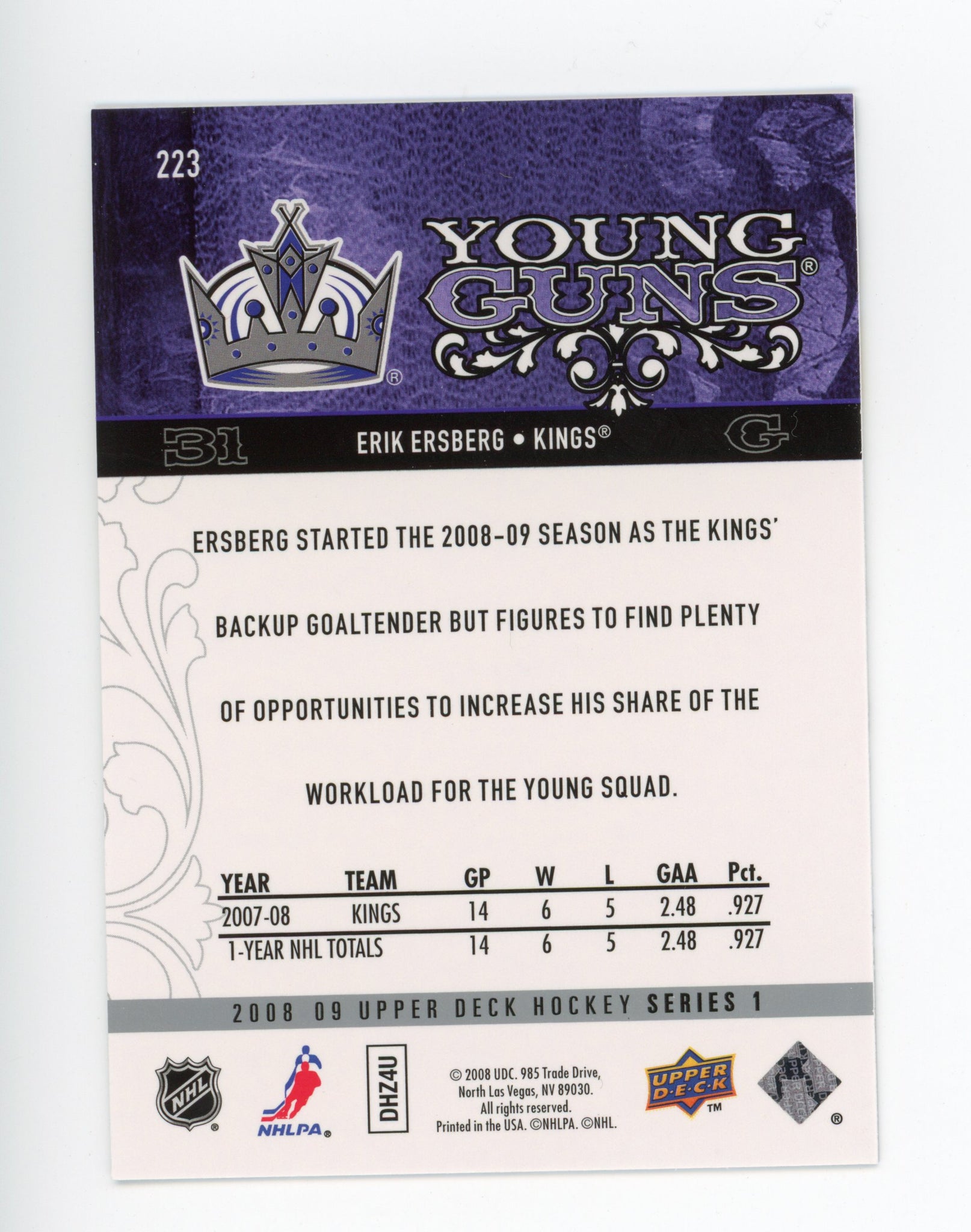 2008-2009 Erik Ersberg Young Guns Upper Deck Series 1 Los Angeles Kings # 223