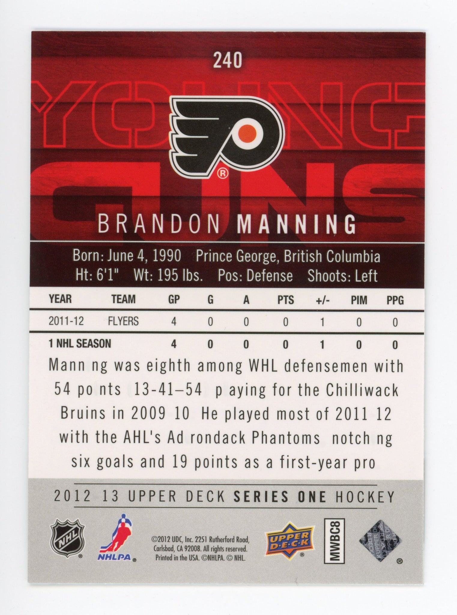 2012-2013 Brandon Manning Young Guns Upper Deck Series 1 Philadelphia Flyers # 240