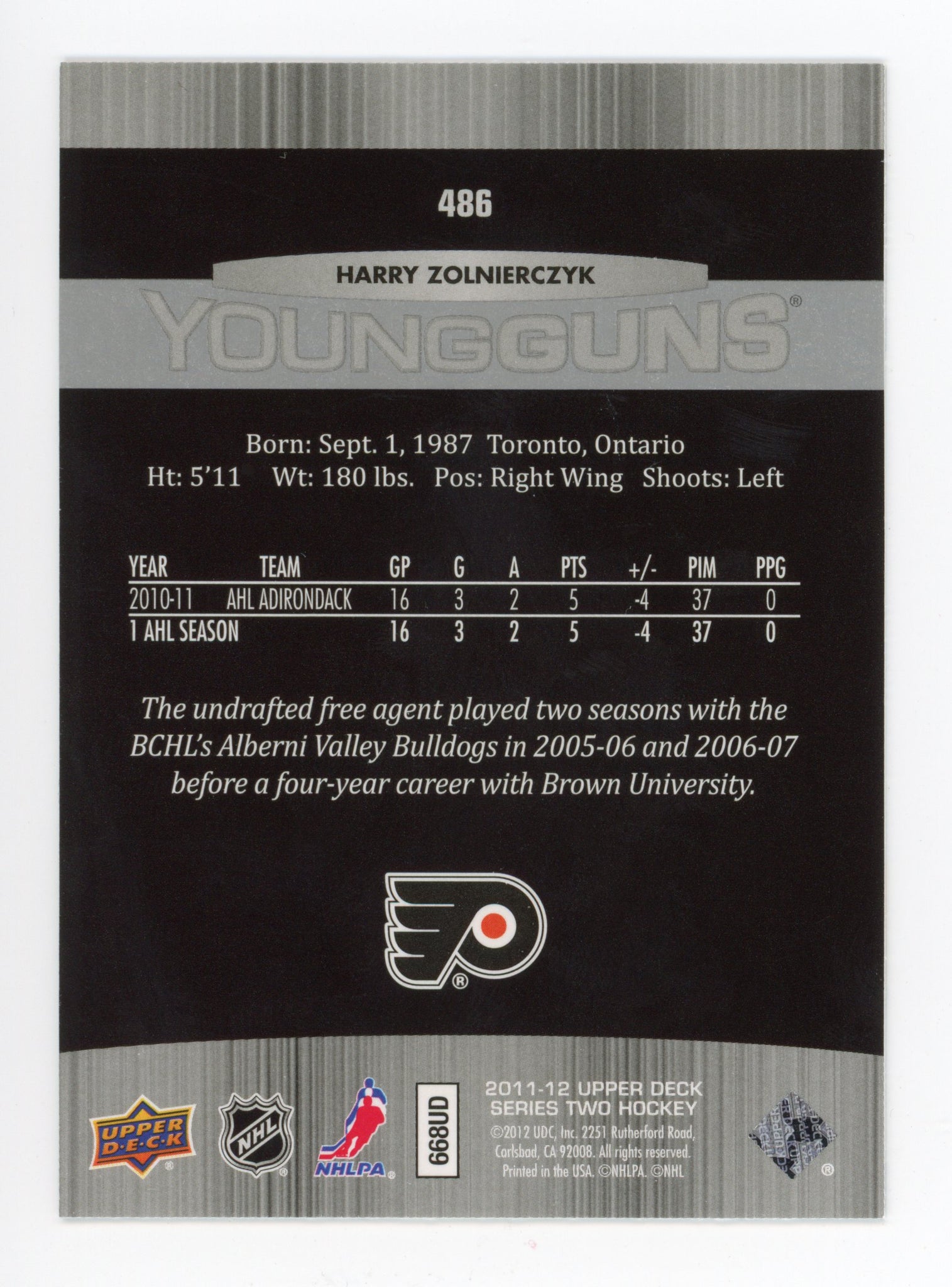2011-2012 Harry Zolnierczyk Young Guns Upper Deck Series 2 Philadelphia Flyers # 486