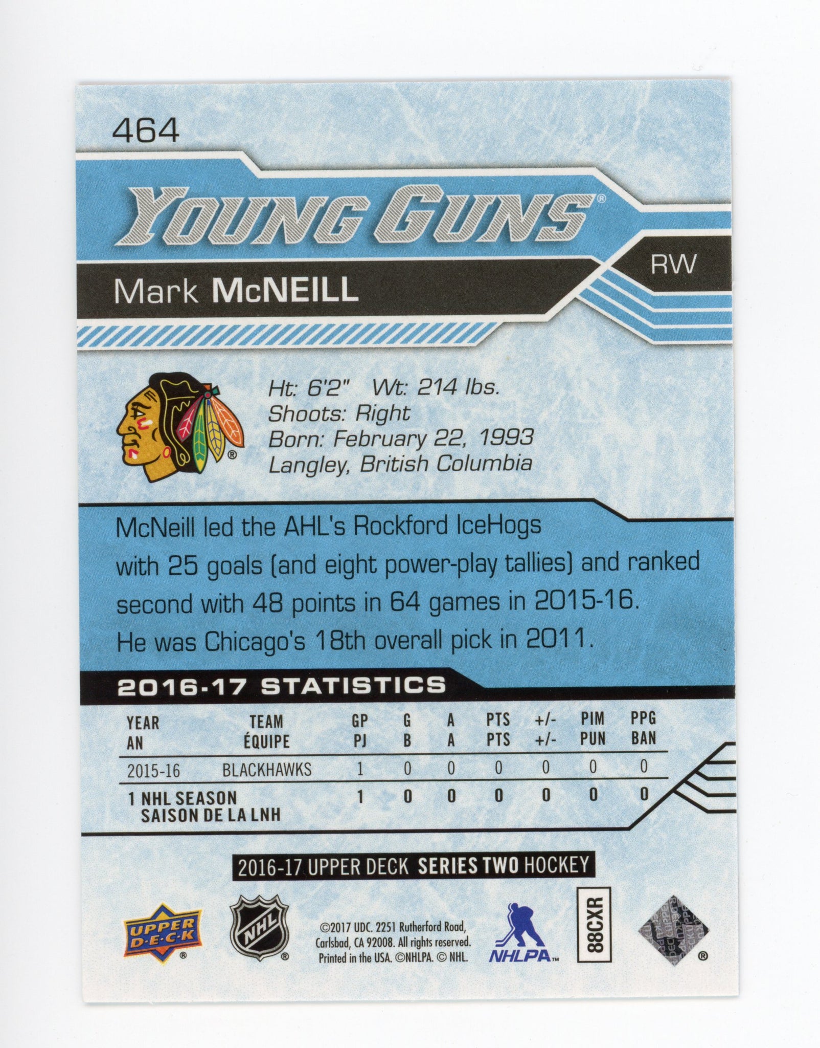 2016-2017 Mark Mcneill Young Guns Upper Deck Series 2 Chicago Blackhawks # 464