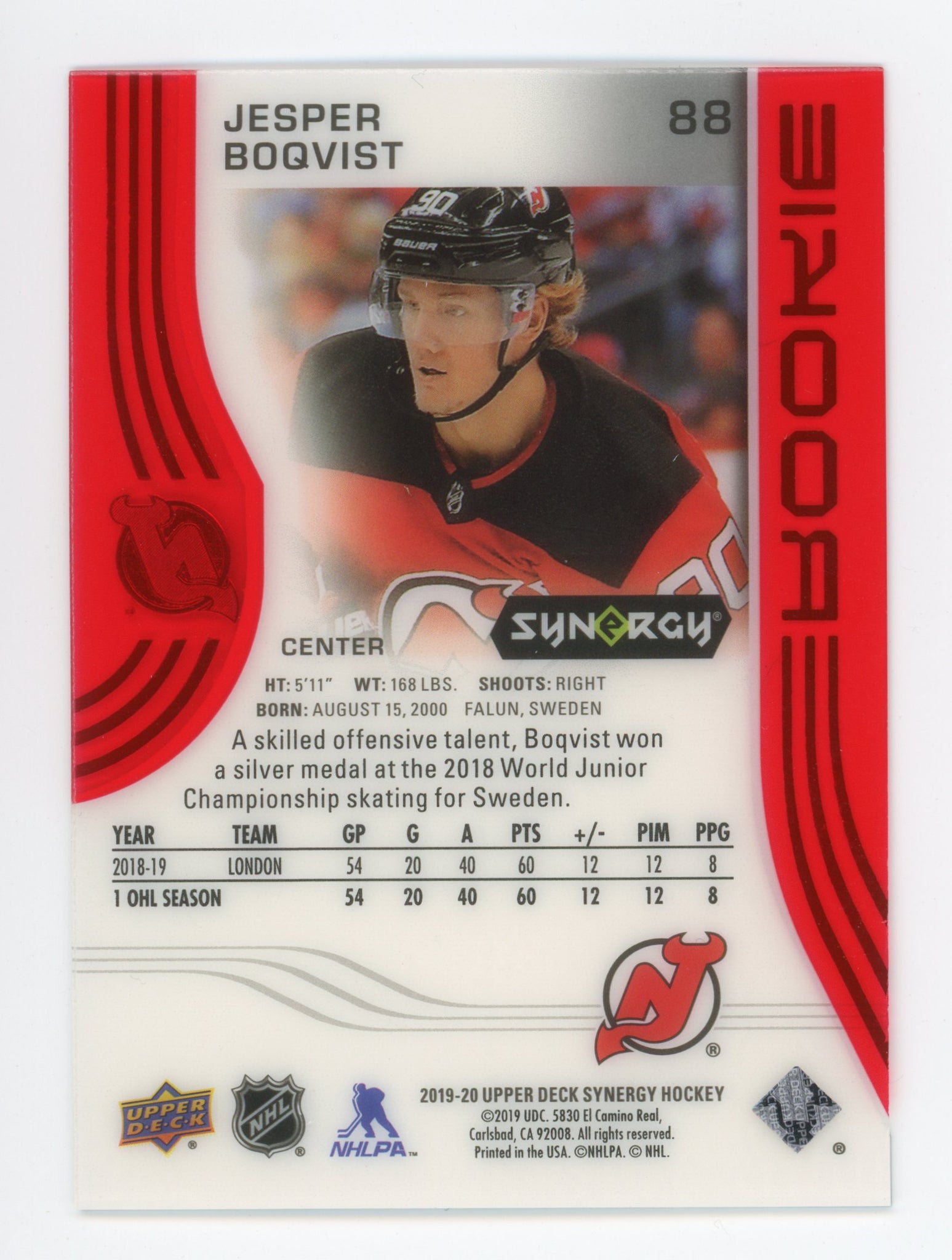 2019-2020 Jesper Boqvist Rookie Synergy New Jersey Devils # 88