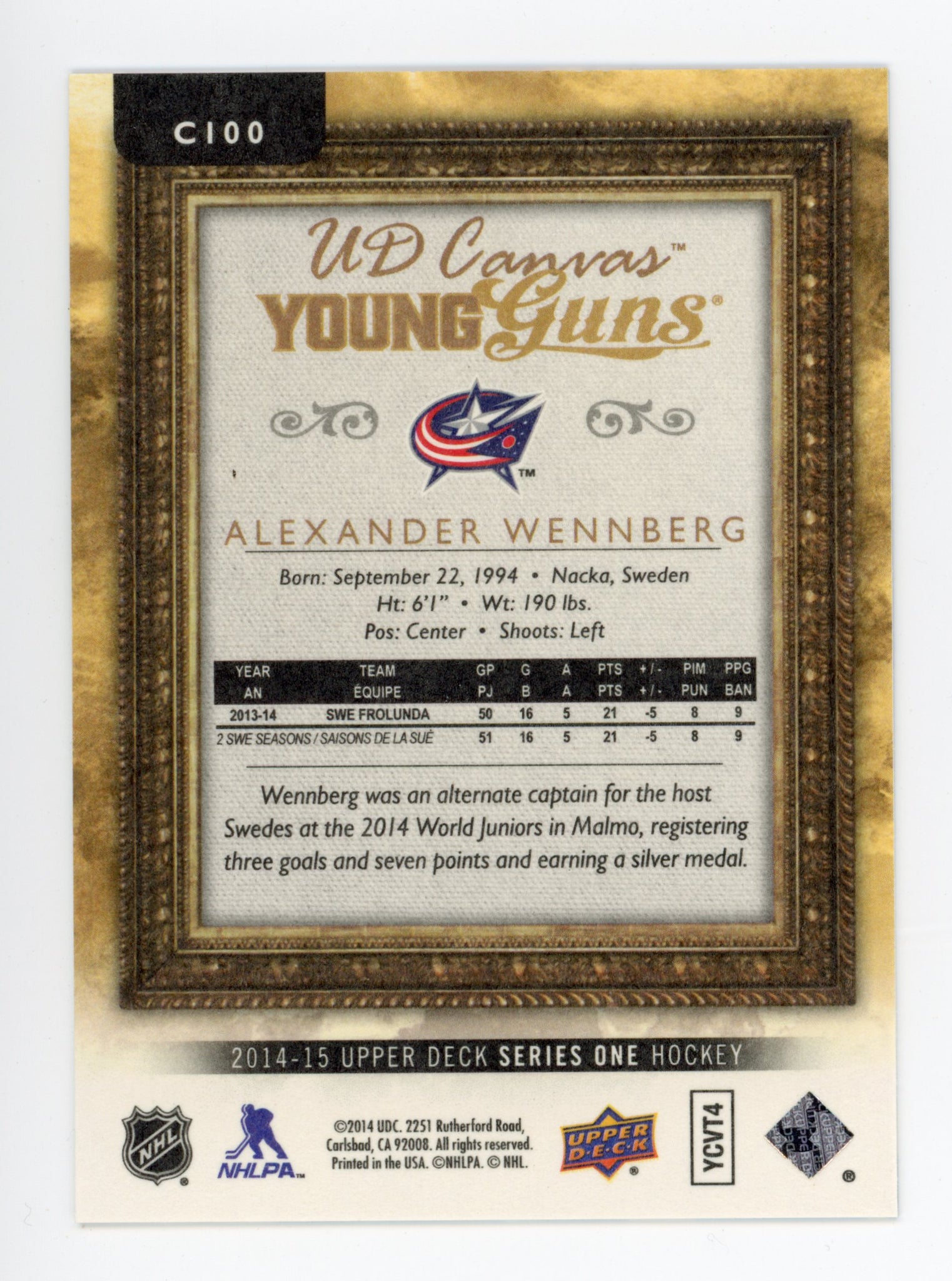 2014-2015 Alexander Wennberg Young Guns Canvas Upper Deck Series 1 Columbus Blue Jackets # C100