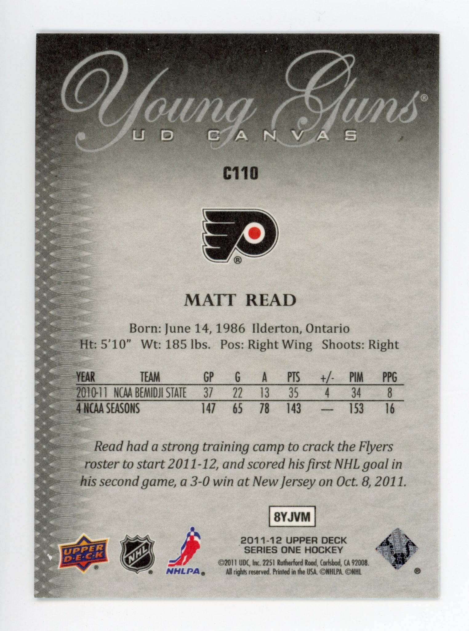 2011-2012 Matt Read Young Guns Canvas Upper Deck Series 1 Philadelphia Flyers # C110