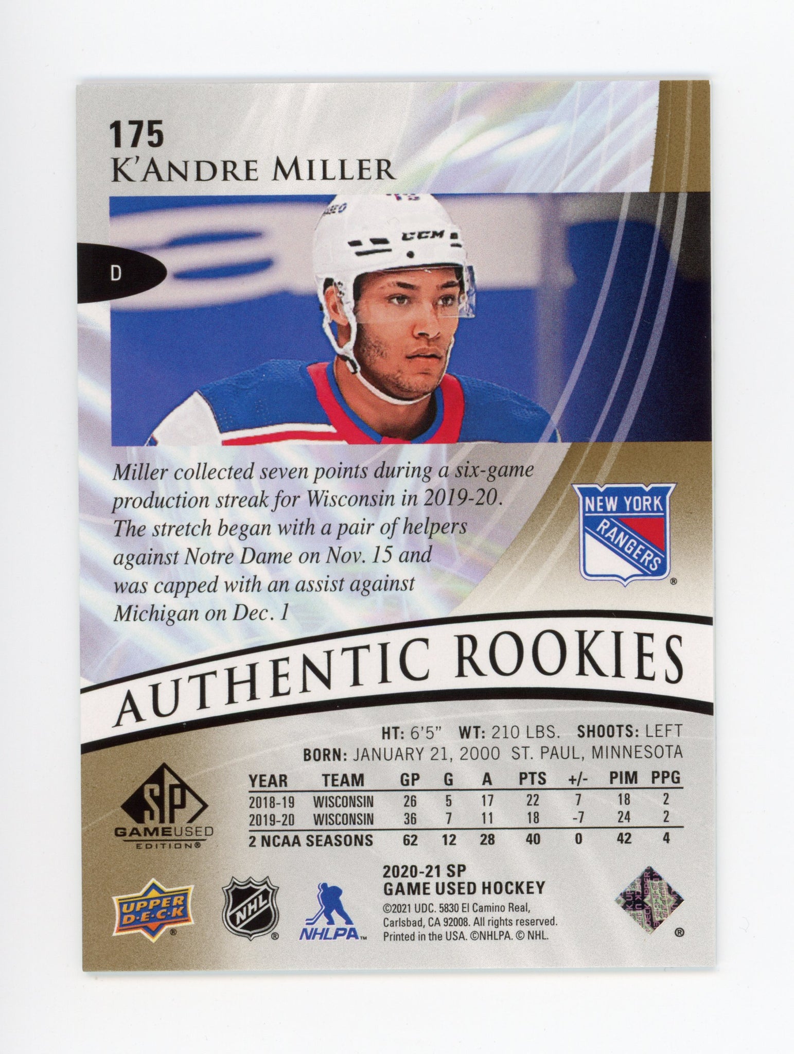 2020-2021 K'andre Miller #d / 299 SP Game Used New York Rangers # 175