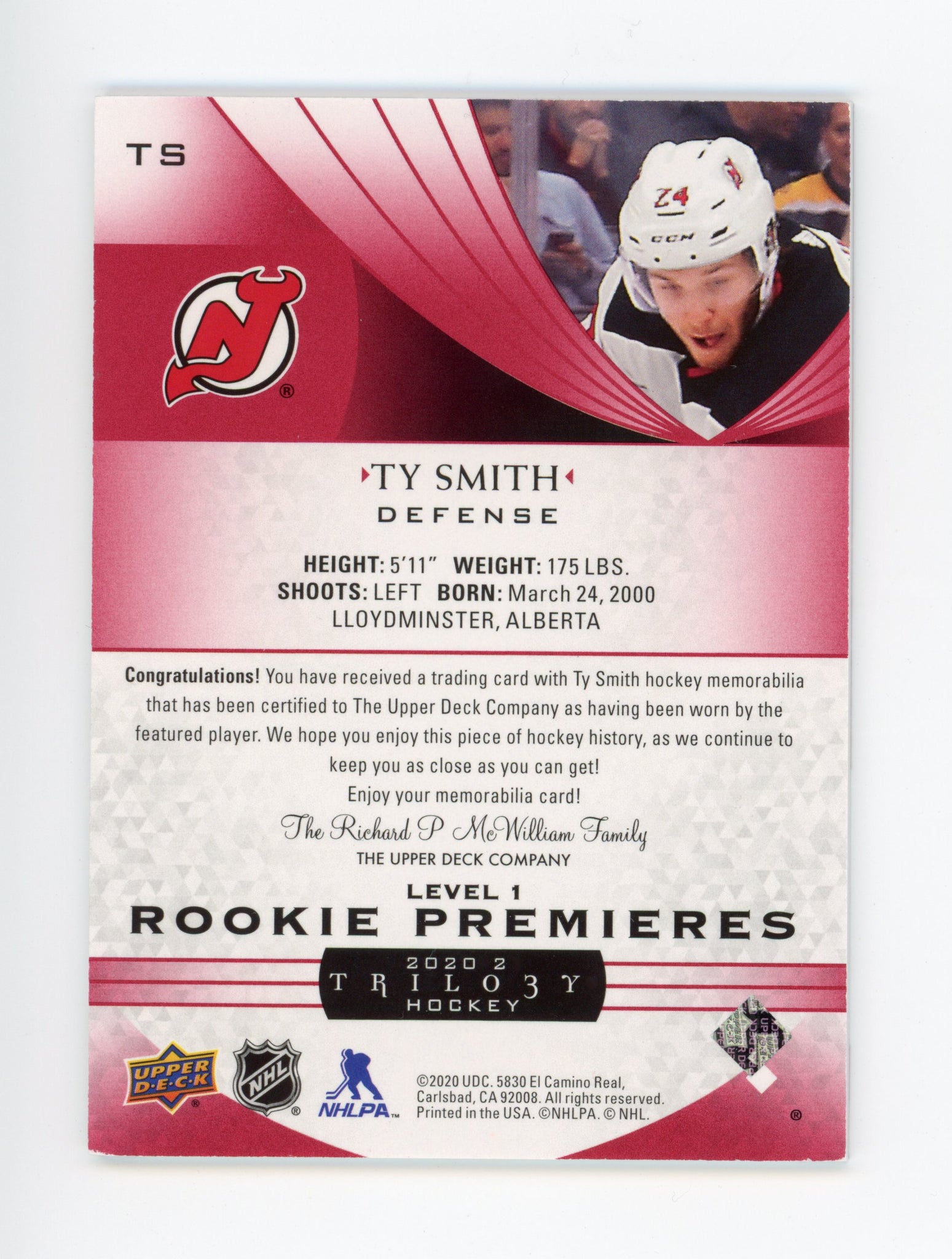 2020-2021 Ty Smith Rookie Premiers #d / 499 Trilogy New Jersey Devils # TS