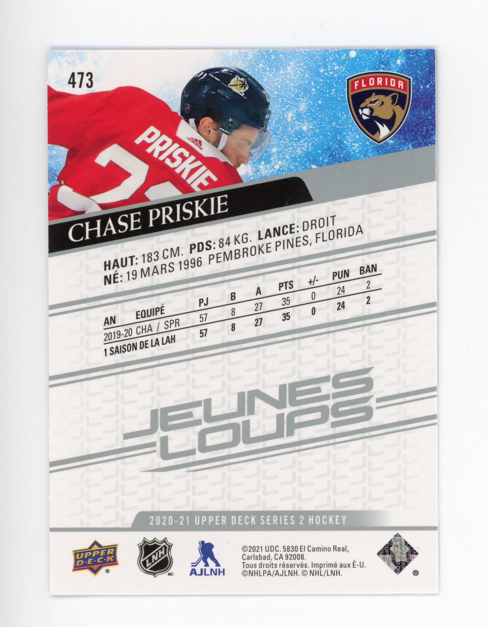 2020-2021 Chase Priskie Young Guns French Variant Florida Panthers # 473