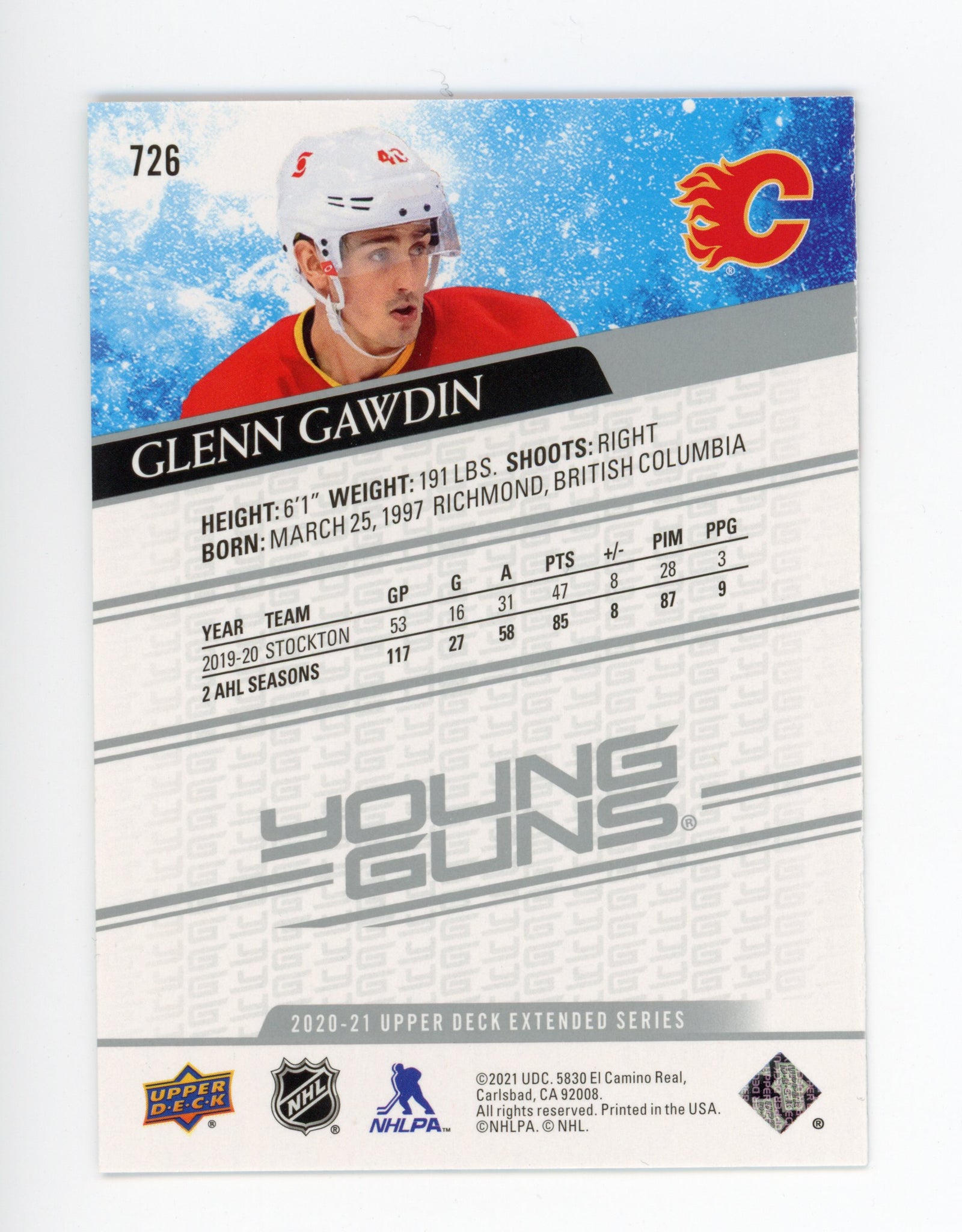 2020-2021 Glenn Gawdin Young Guns Extended Series Calgary Flames # 726