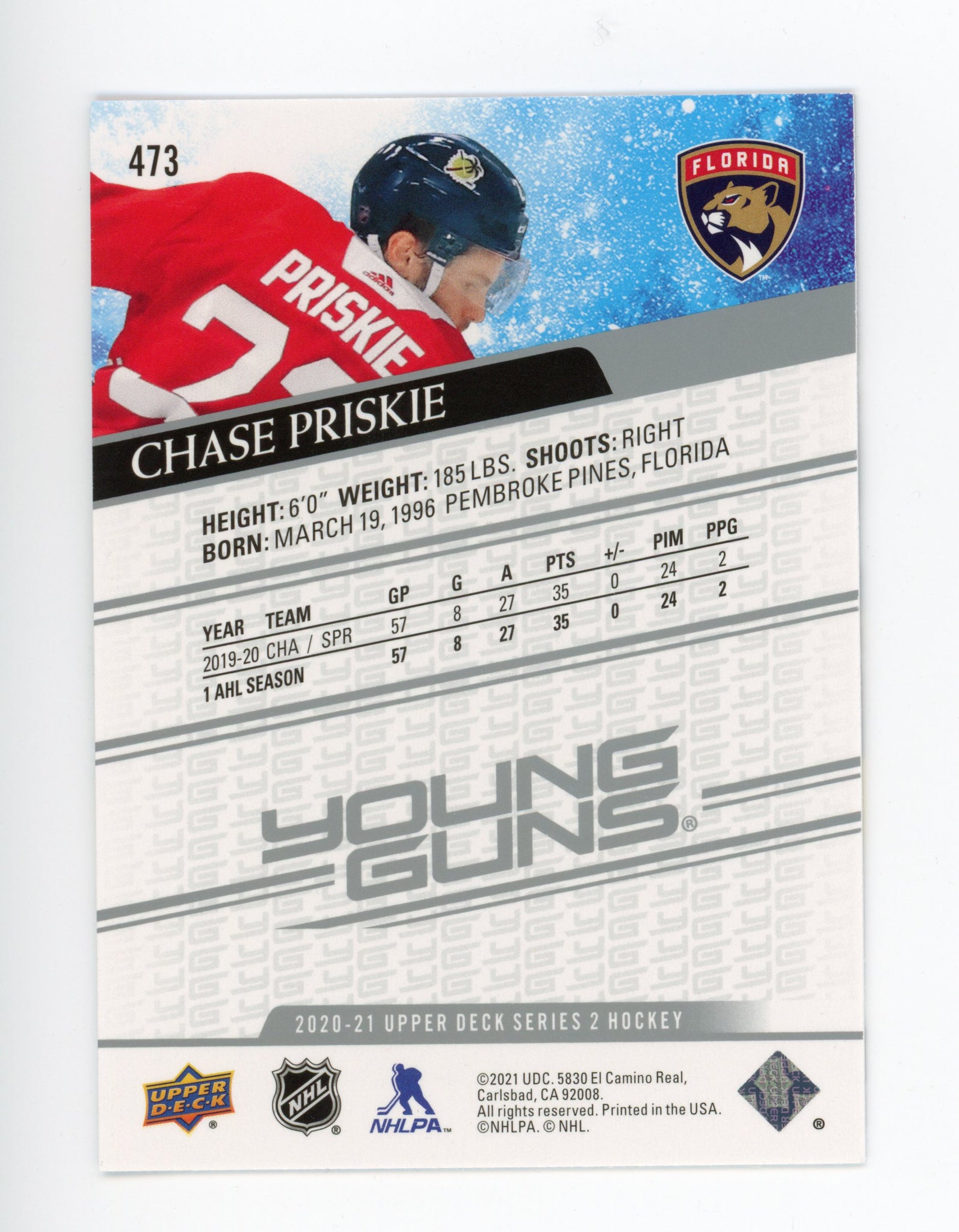 2020-2021 Chase Priskie Young Guns Series 2 Florida Panthers # 473