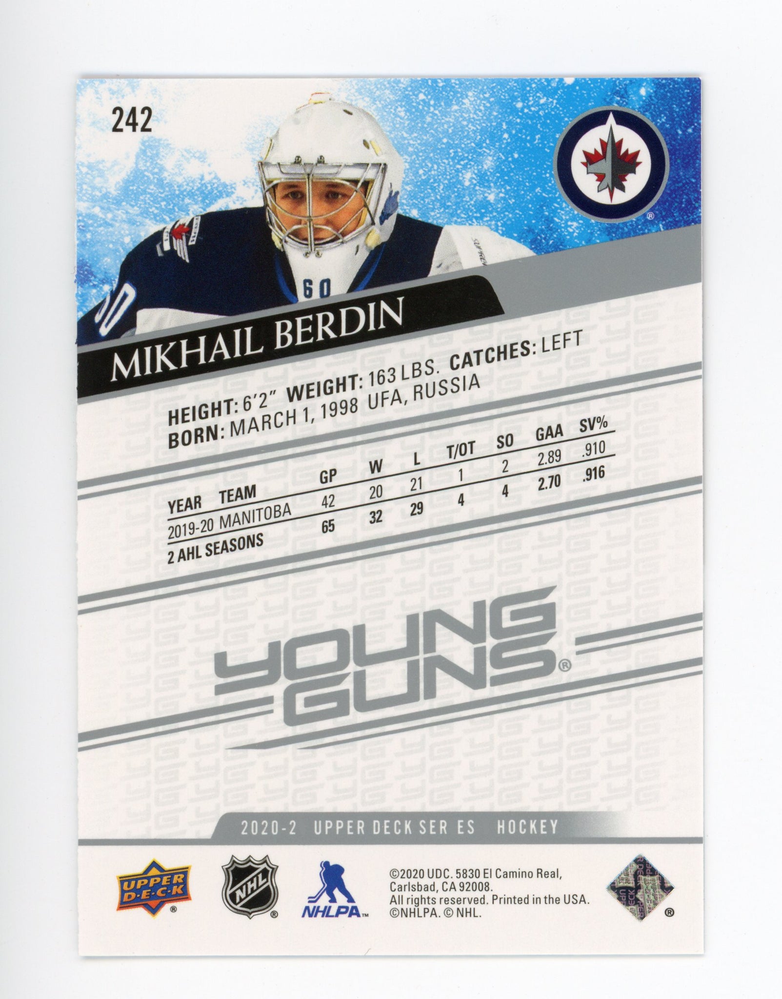 2020-2021 Mikhail Berdin Young Guns Series 1 Winnipeg Jets # 242