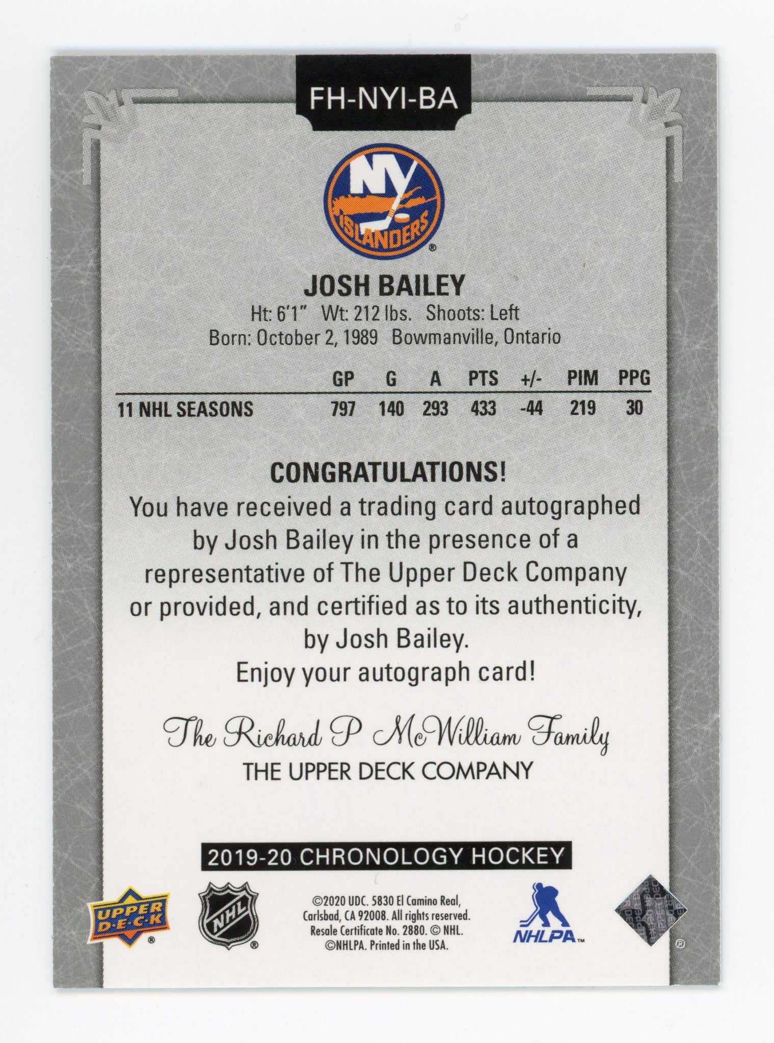 2019-2020 Josh Bailey Autographed Chronology New York Islanders # FH-NYI-BA