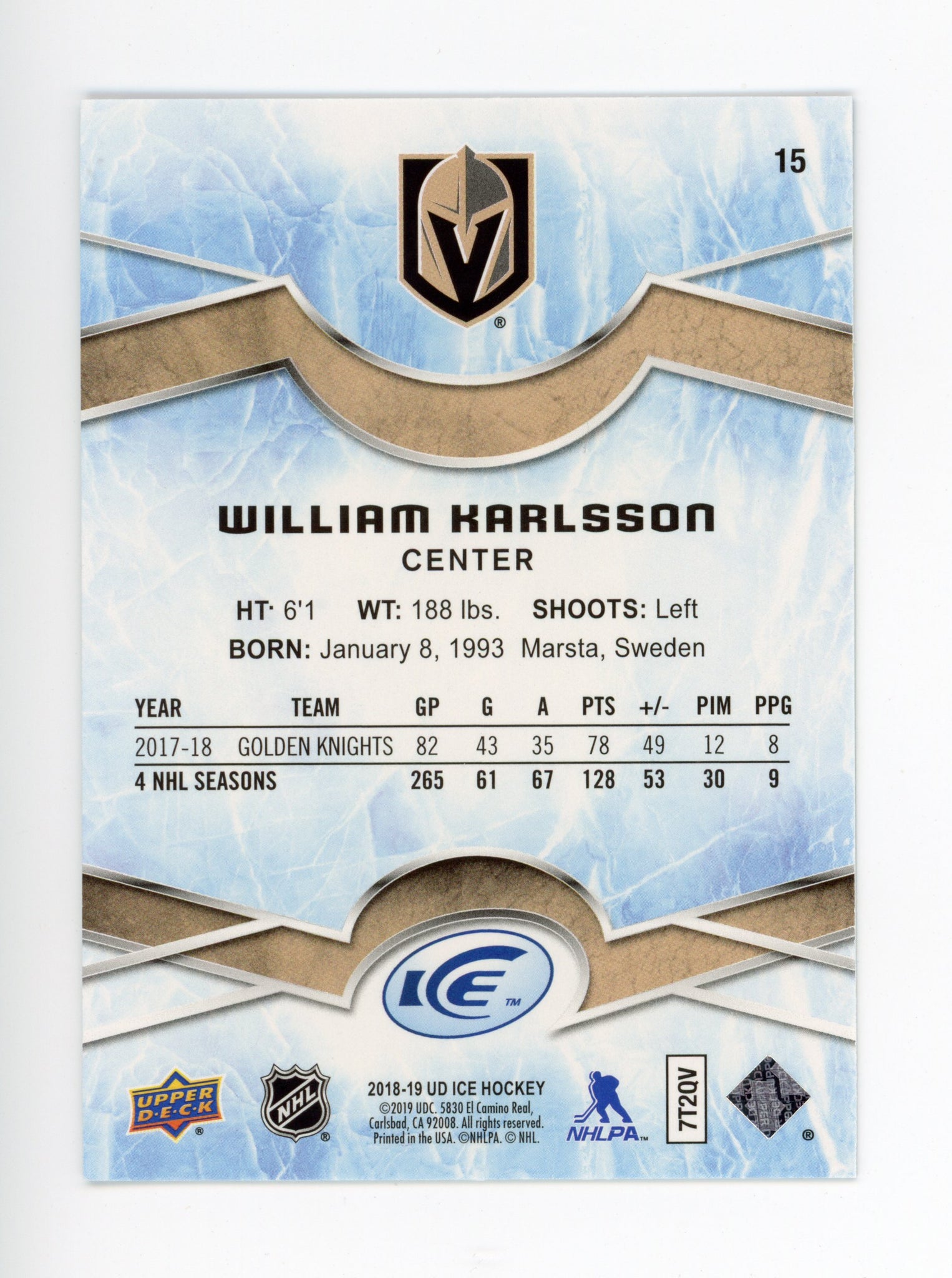 2018-2019 William Karlsson Ice Upper Decker Las Vegas Golden Knights # 15