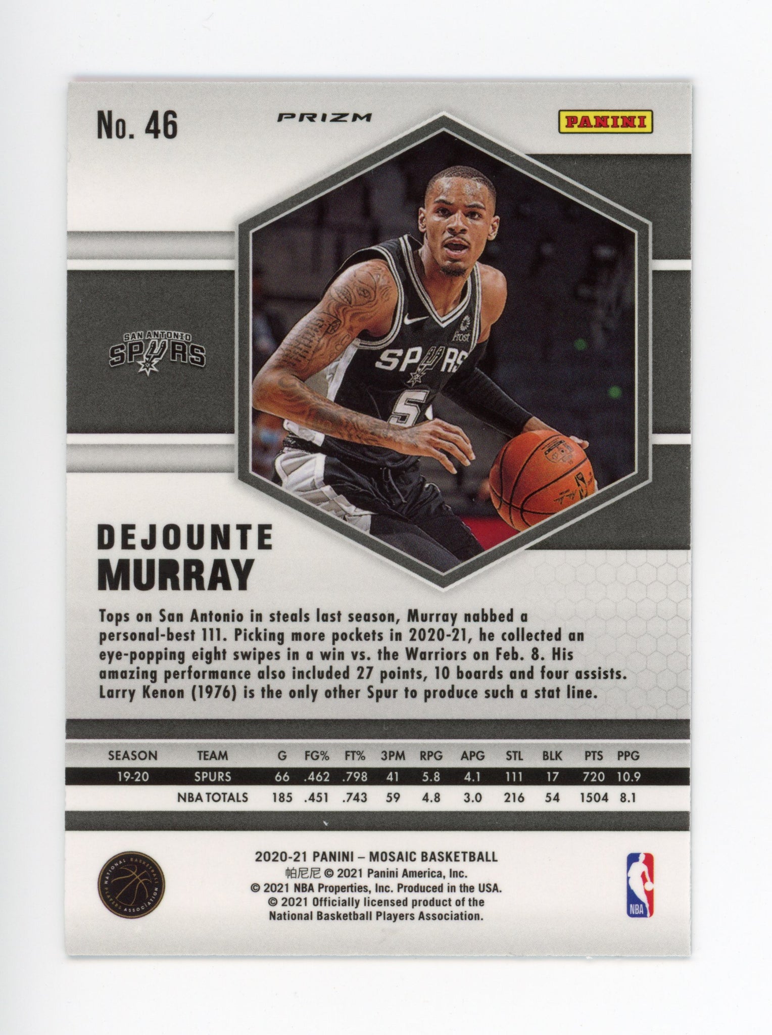 2020-2021 Dejounte Murray Mosaic Pink San Antonio Spurs # 46