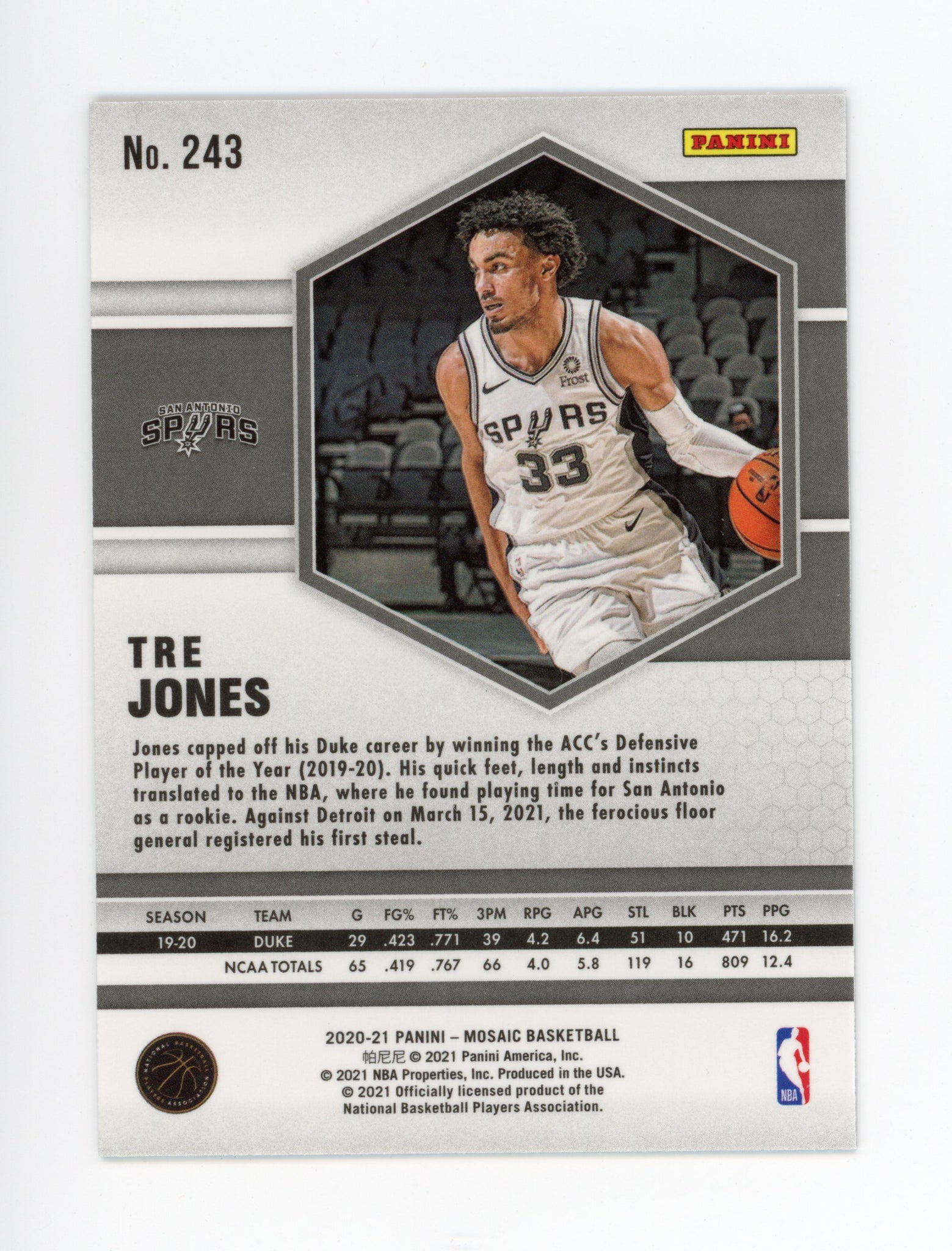 2020-2021 Tre Jones Rookie Mosaic Panini San Antonio Spurs # 243