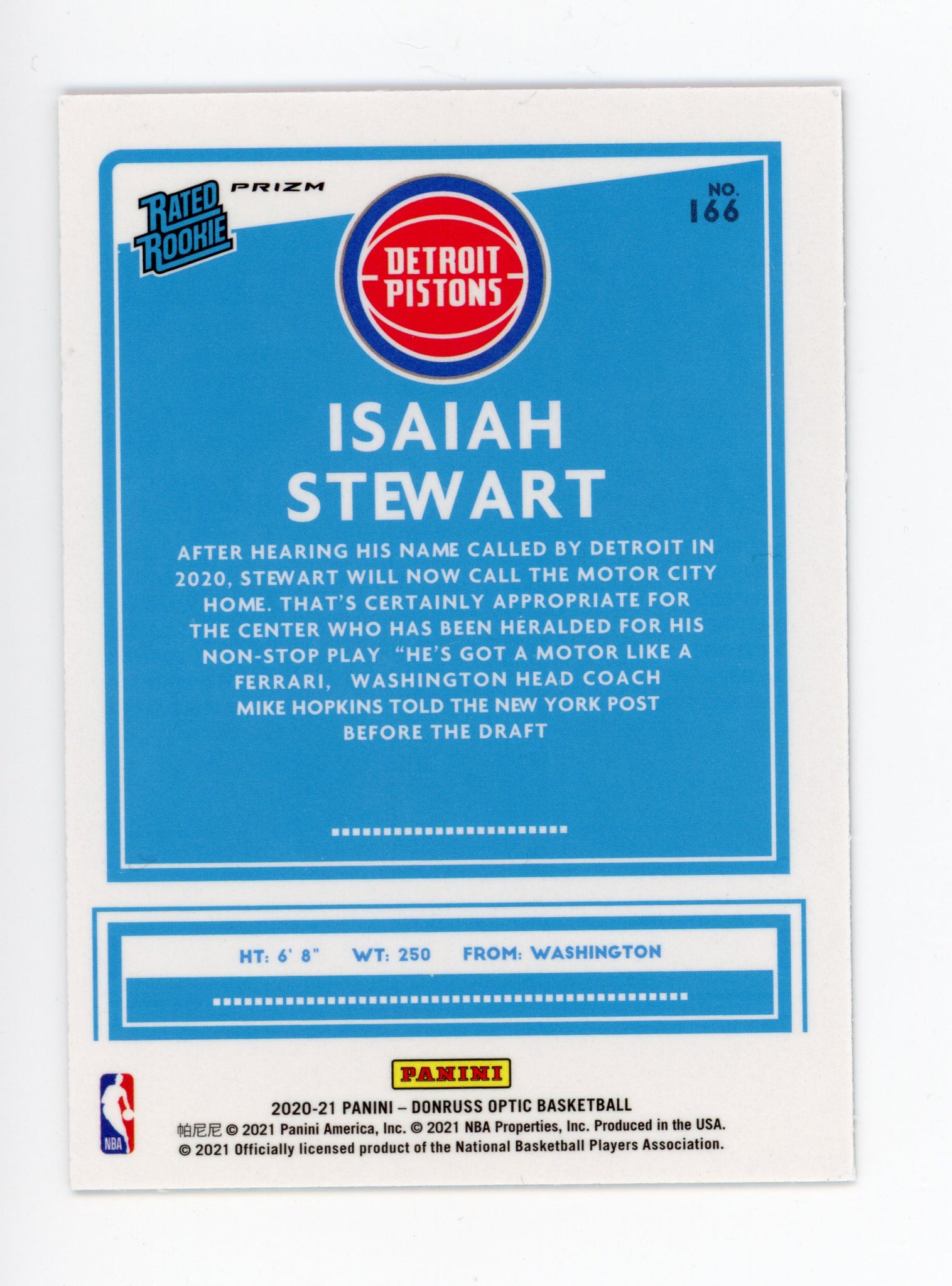 2020-2021 Isaiah Stewart Rated Rookie Pink Panini Detroit Pistons # 166