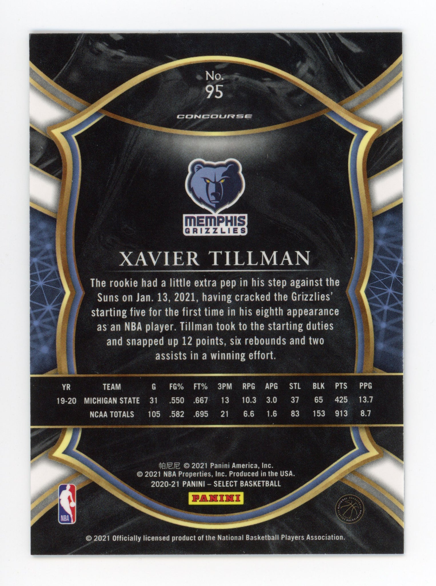 2020-2021 Xavier Tillman Rookie Concourse Panini Select Memphis Grizzlies # 95