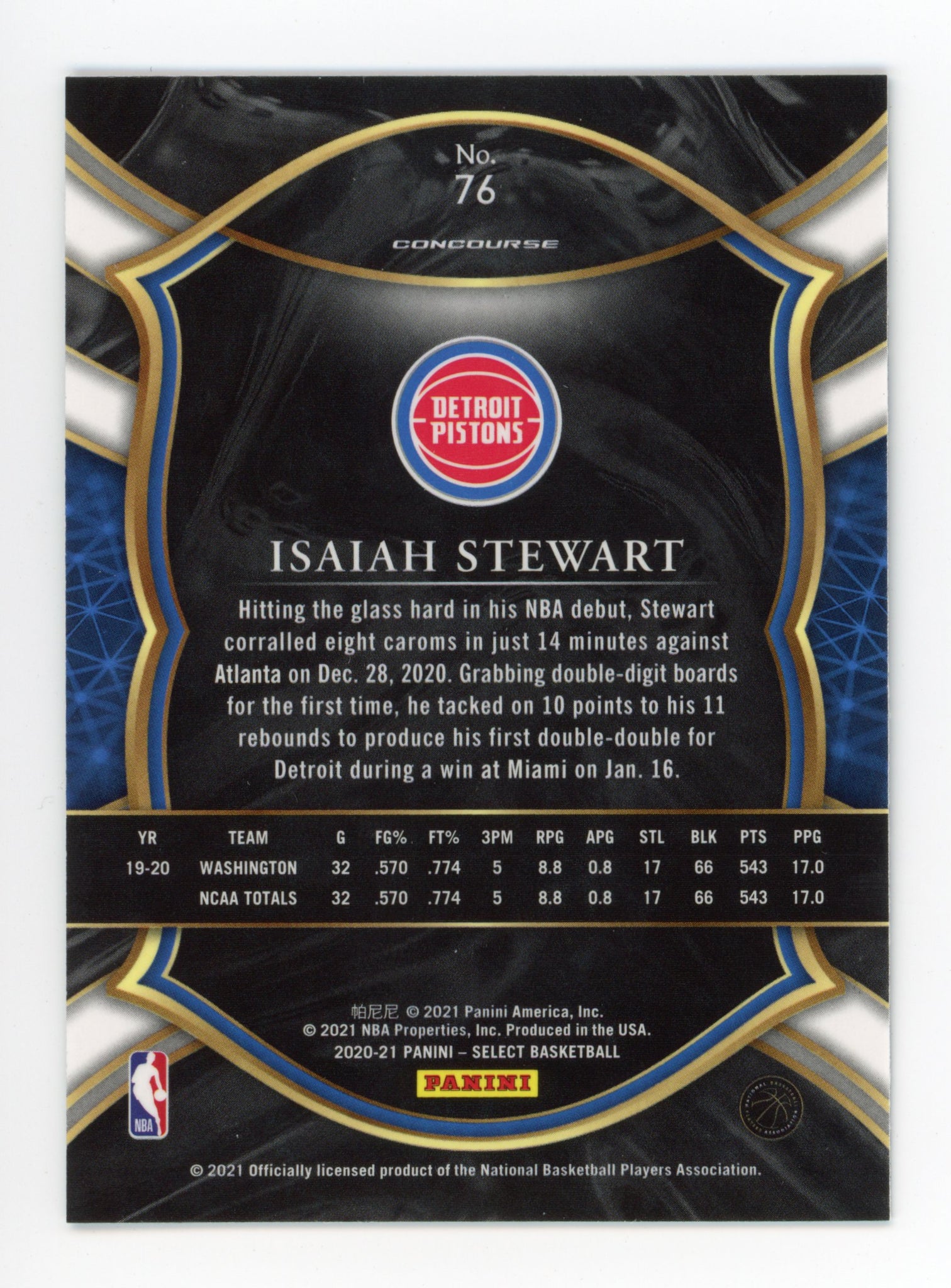 2020-2021 Isaiah Stewart Rookie Concourse Panini Detroit Pistons # 76