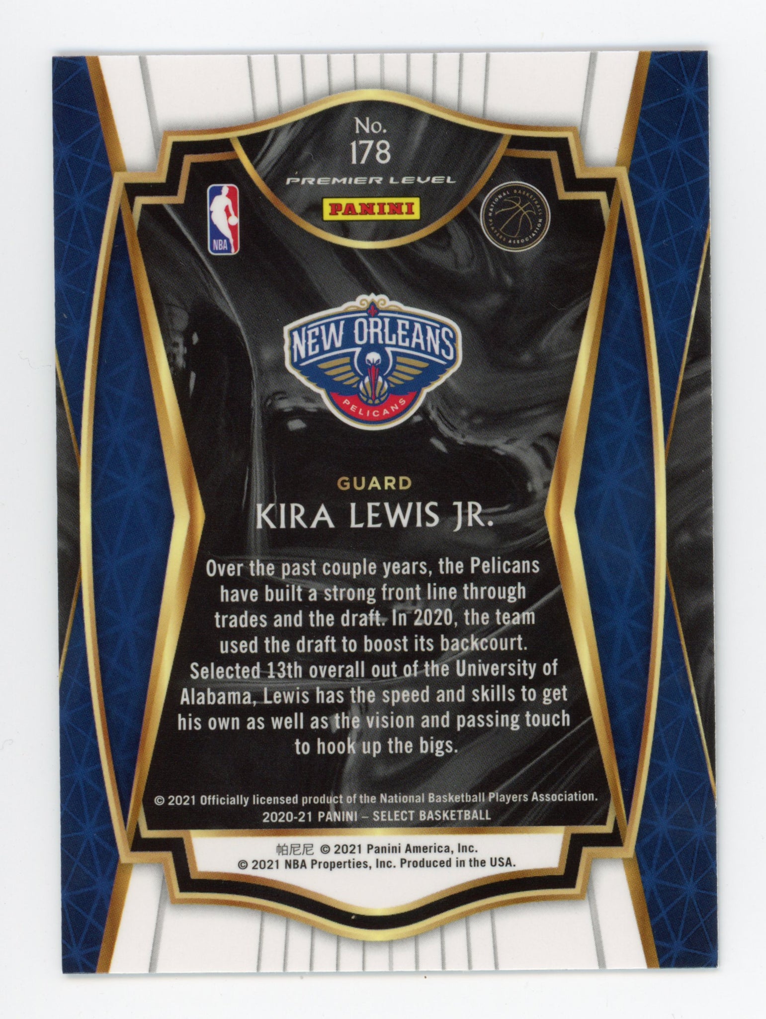 2020-2021 Kira Lewis Jr Rookie Premier Level Panini New Orleans Pelicans # 178