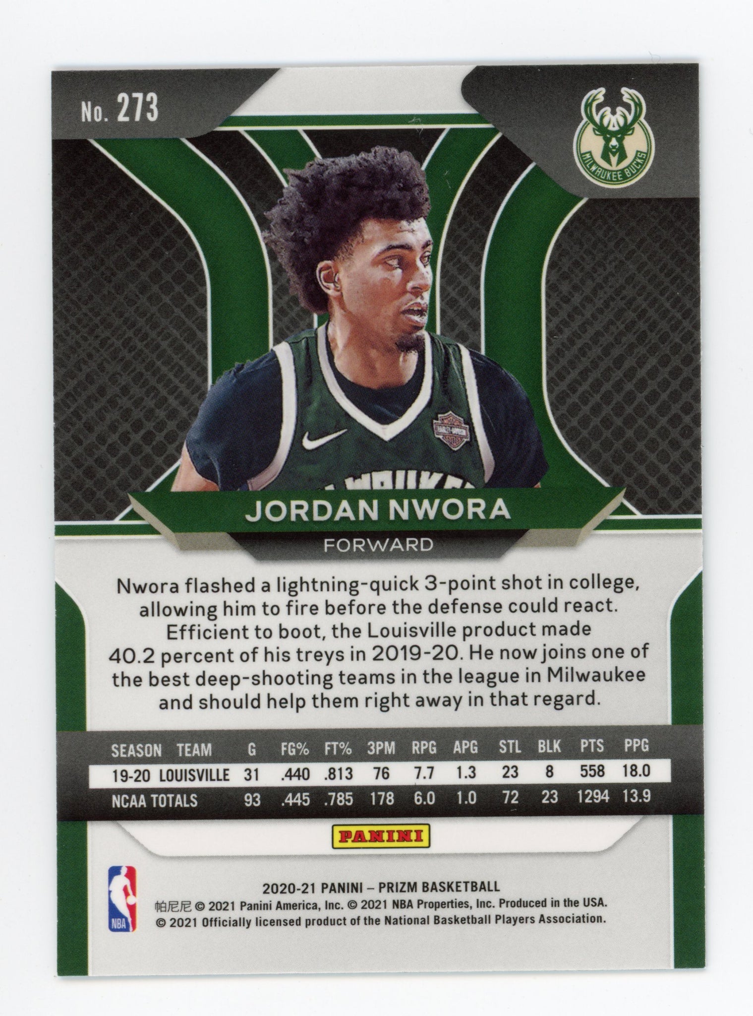 2020-2021 Jordan Nwora Rookie Prizm Milwaukee Bucks # 273