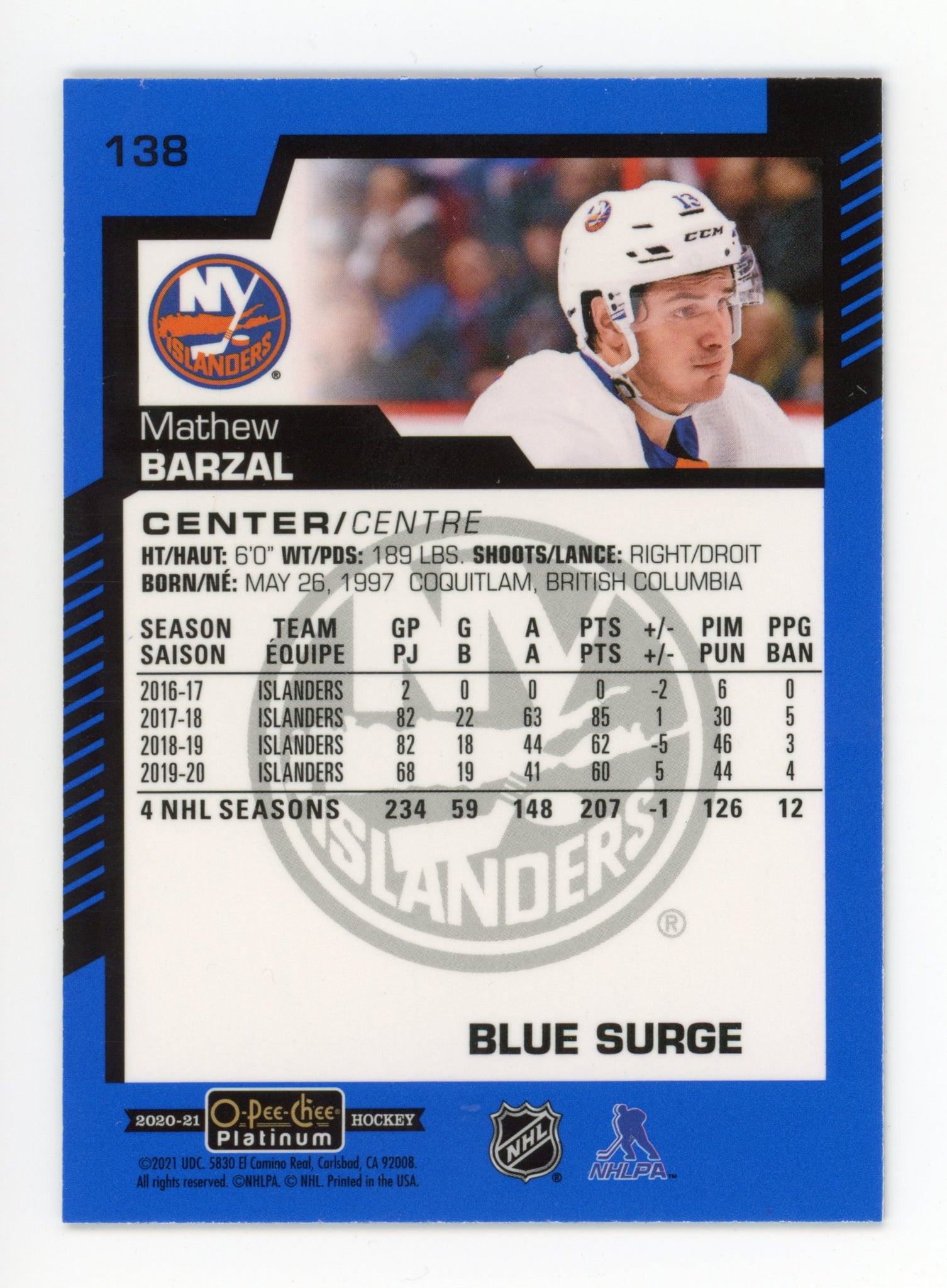 2020-2021 Mathew Barzal Blue Surge OPC New York Islanders # 138