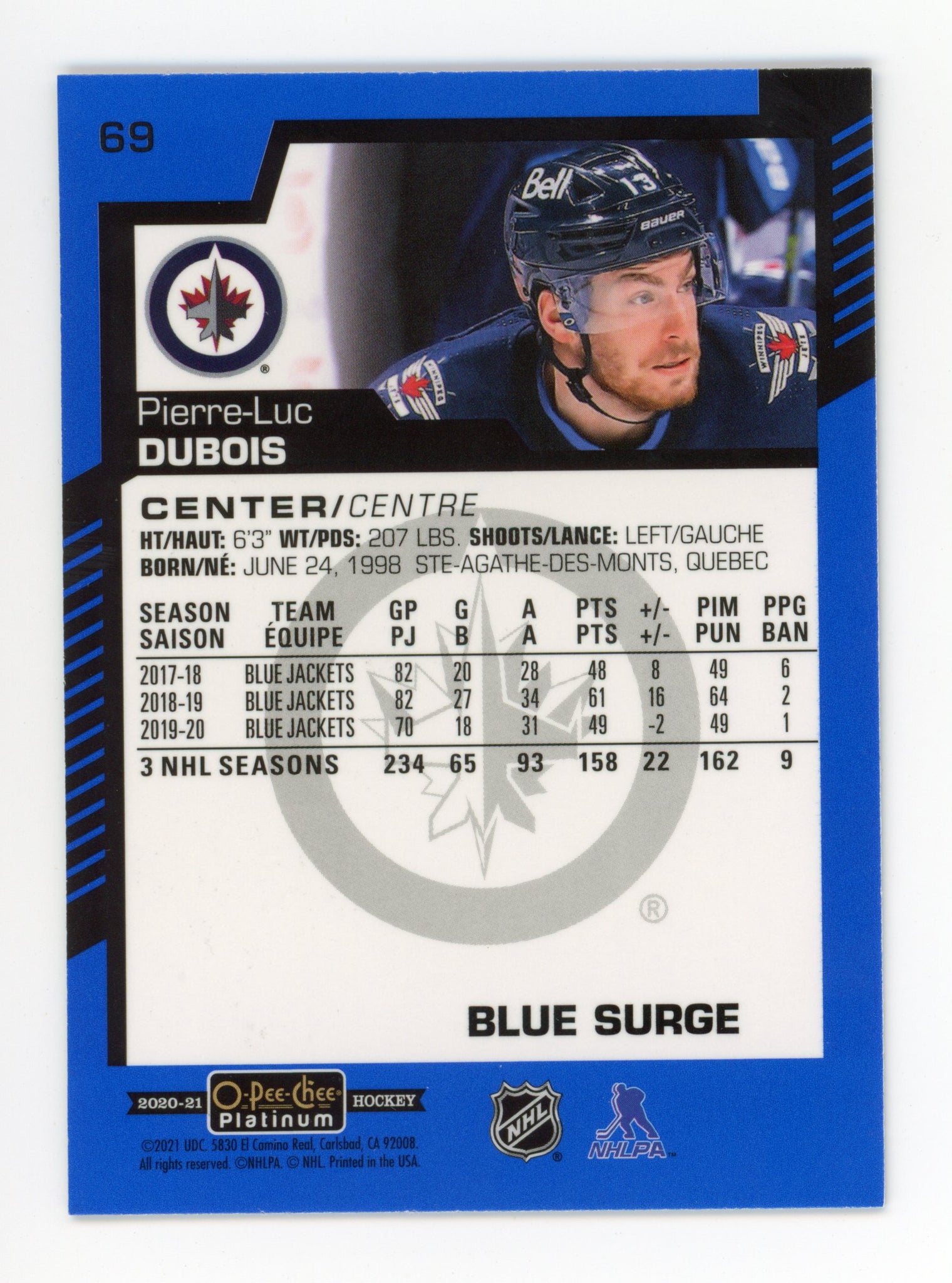 2020-2021 Pierre-Luc Dubois Blue Surge OPC Winnipeg Jets # 69
