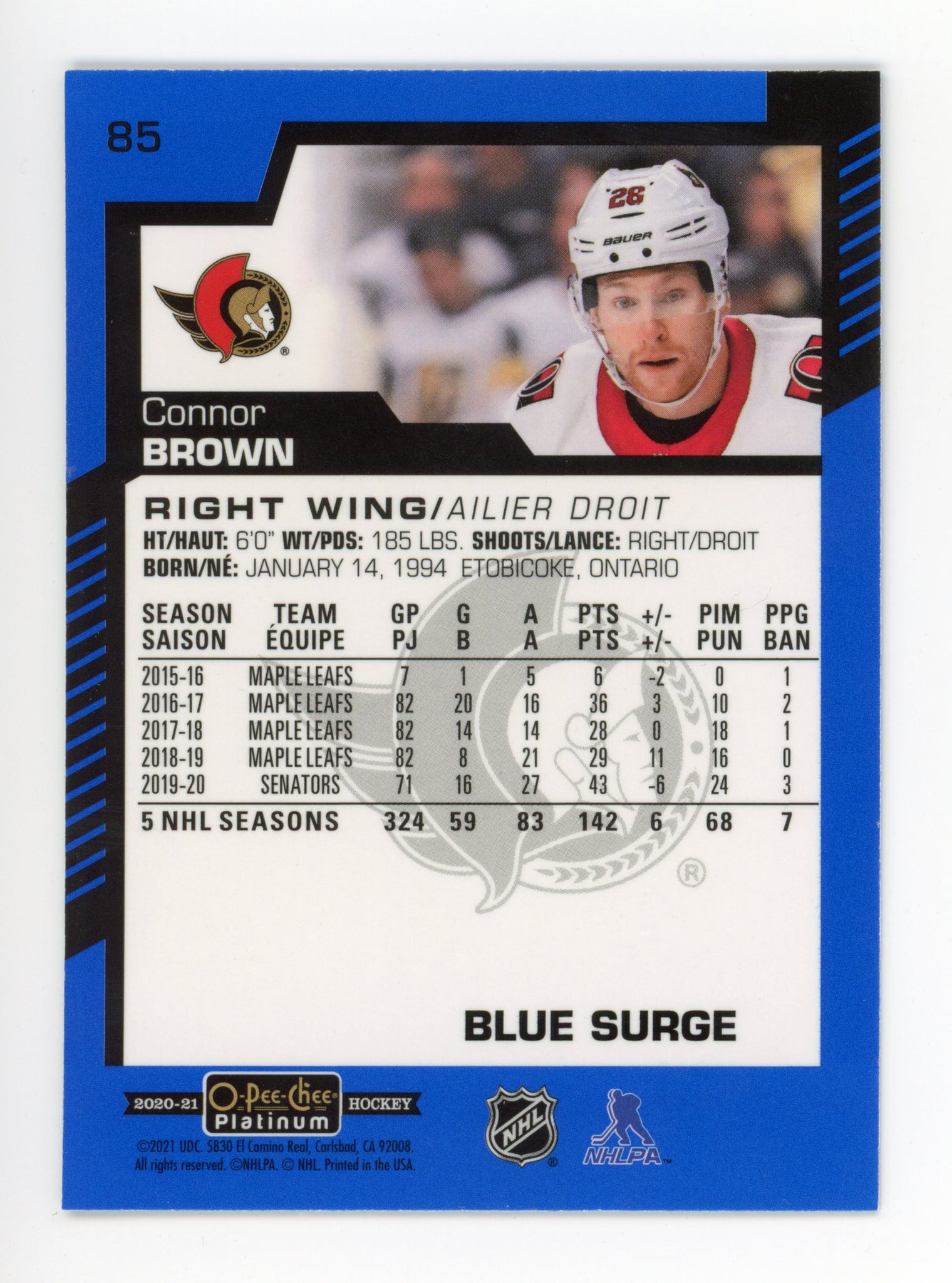 2020-2021 Connor Brown Blue Surge OPC Ottawa Senators # 85