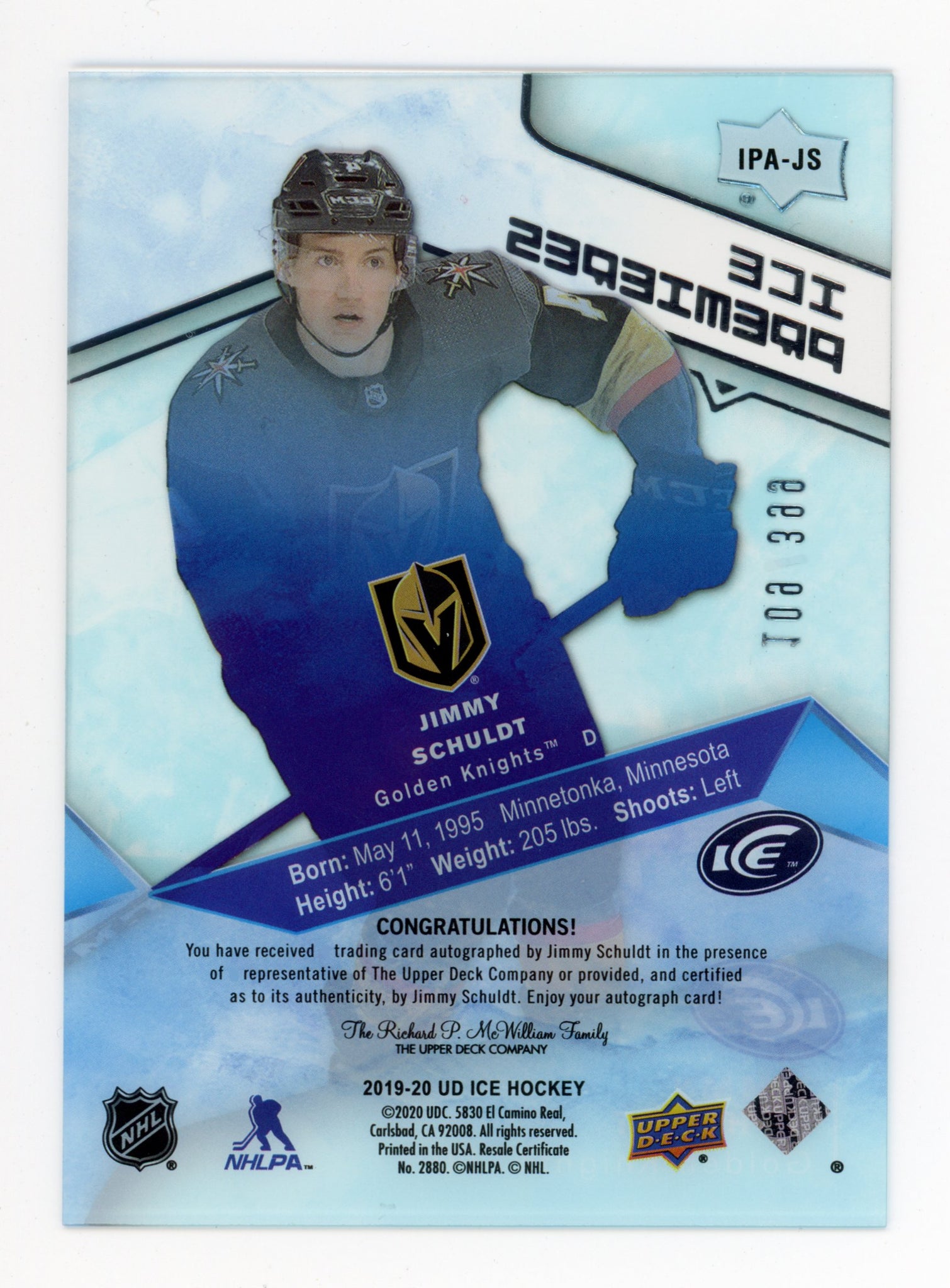 2019-2020 Jimmy Schuldt Ice Autographs Upper Deck Las Vegas Golden Knights # IPA-JS