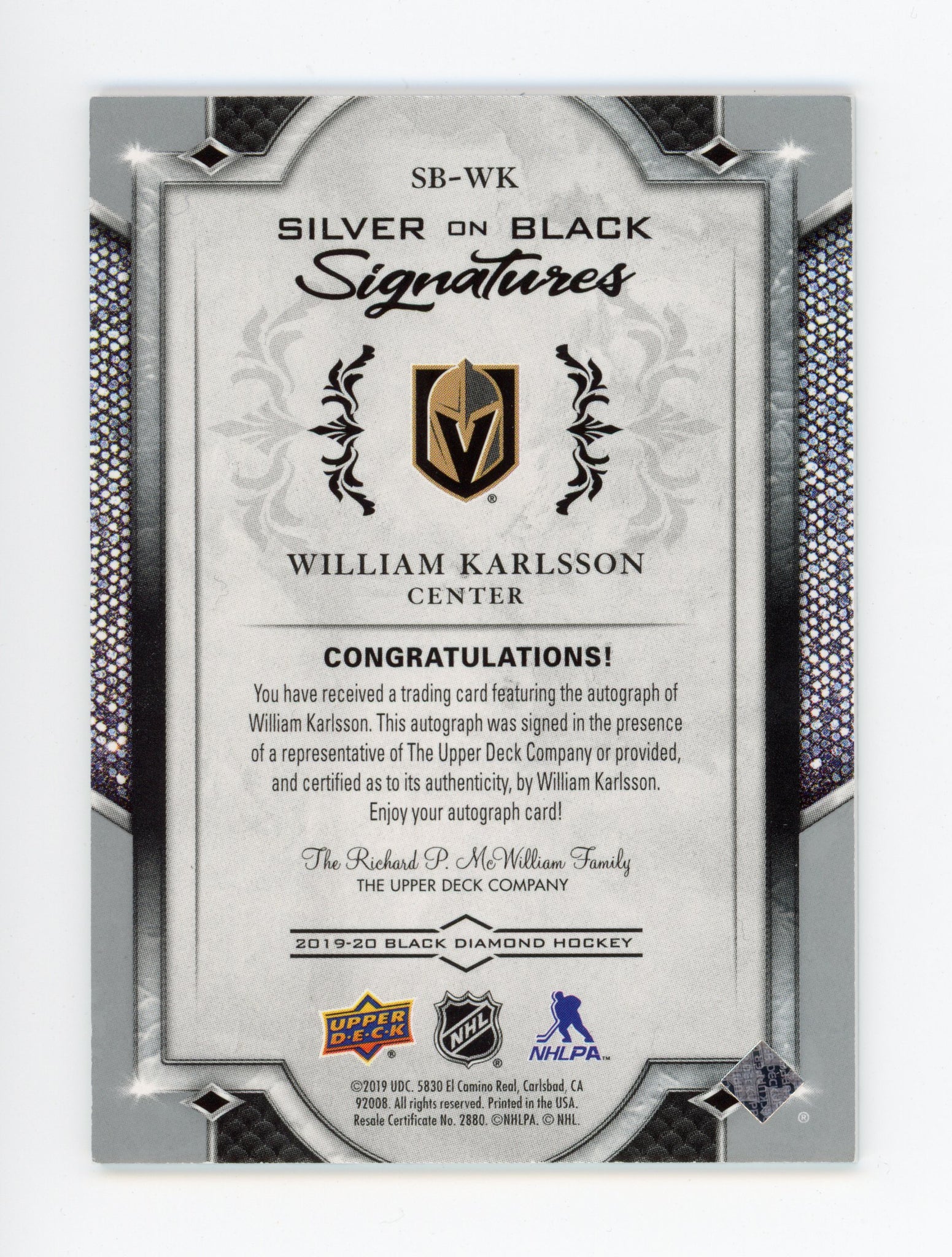 2019-2020 William Karlsson Silver On Black Signatures Black Diamond Las Vegas Golden Knights # SB-WK