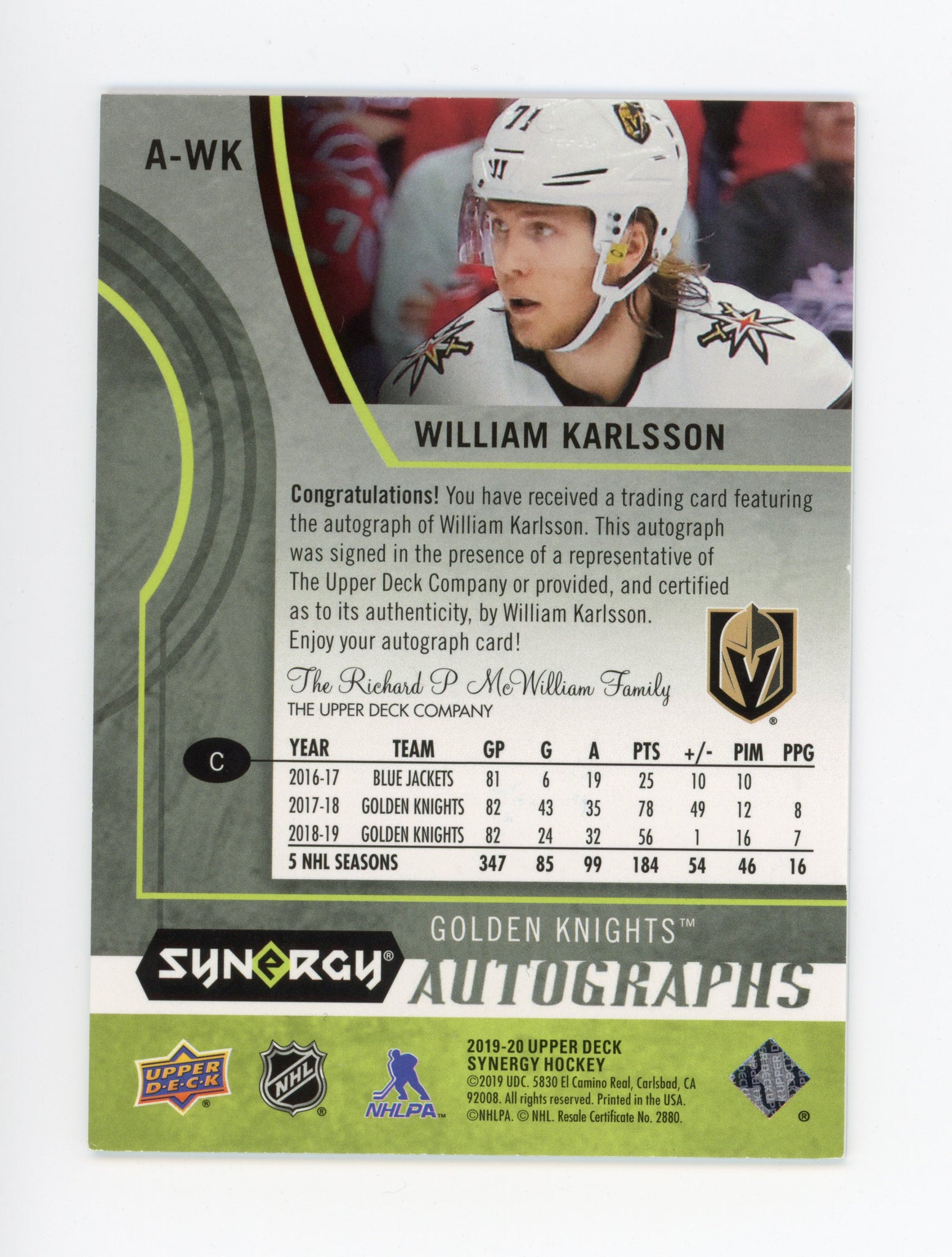 2019-2020 William Karlsson Synergy Autographs Las Vegas Golden Knights # A-WK