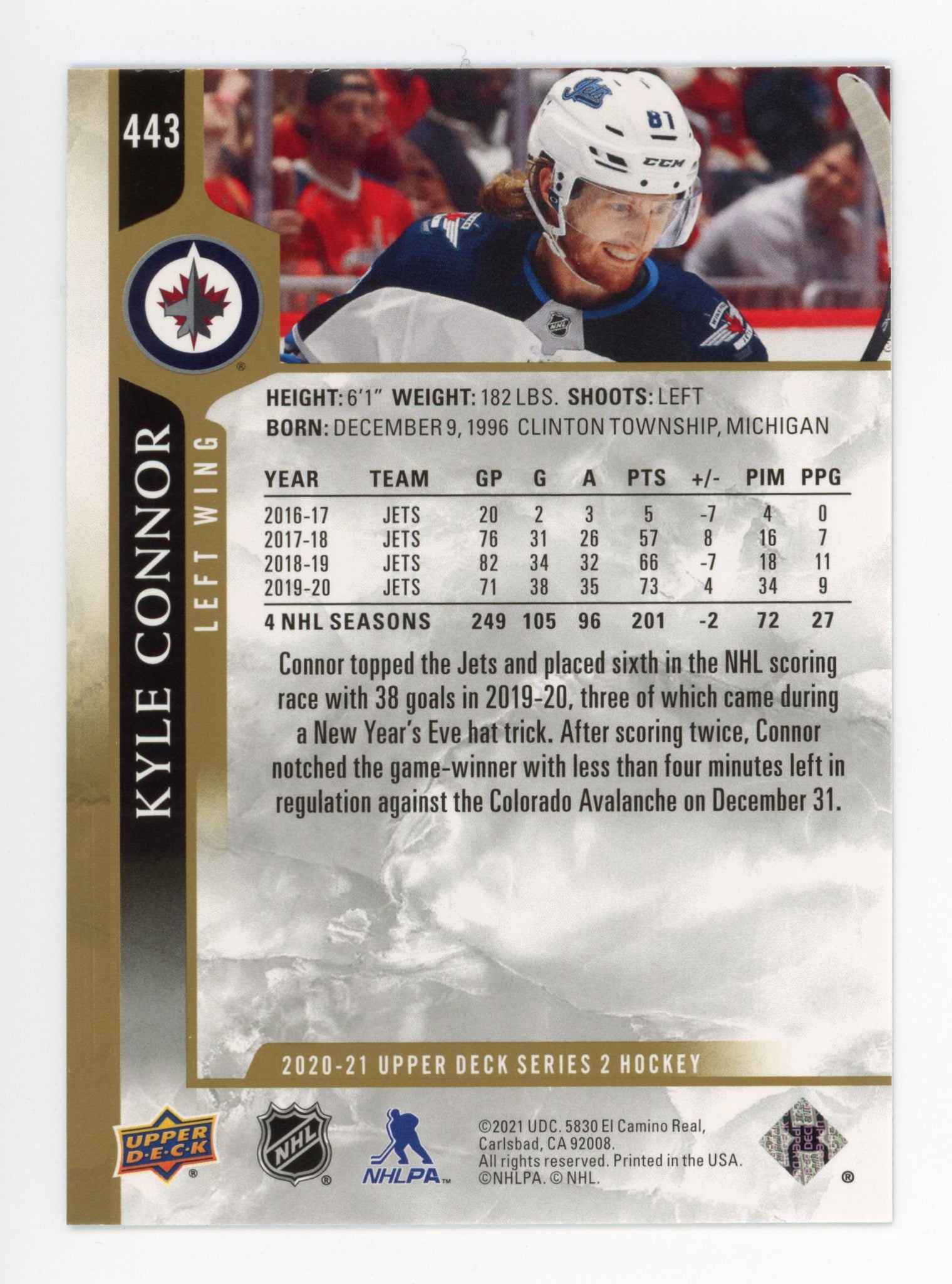 2020-2021 Kyle Connor Rainbow Foil Upper Deck Winnipeg Jets # 443