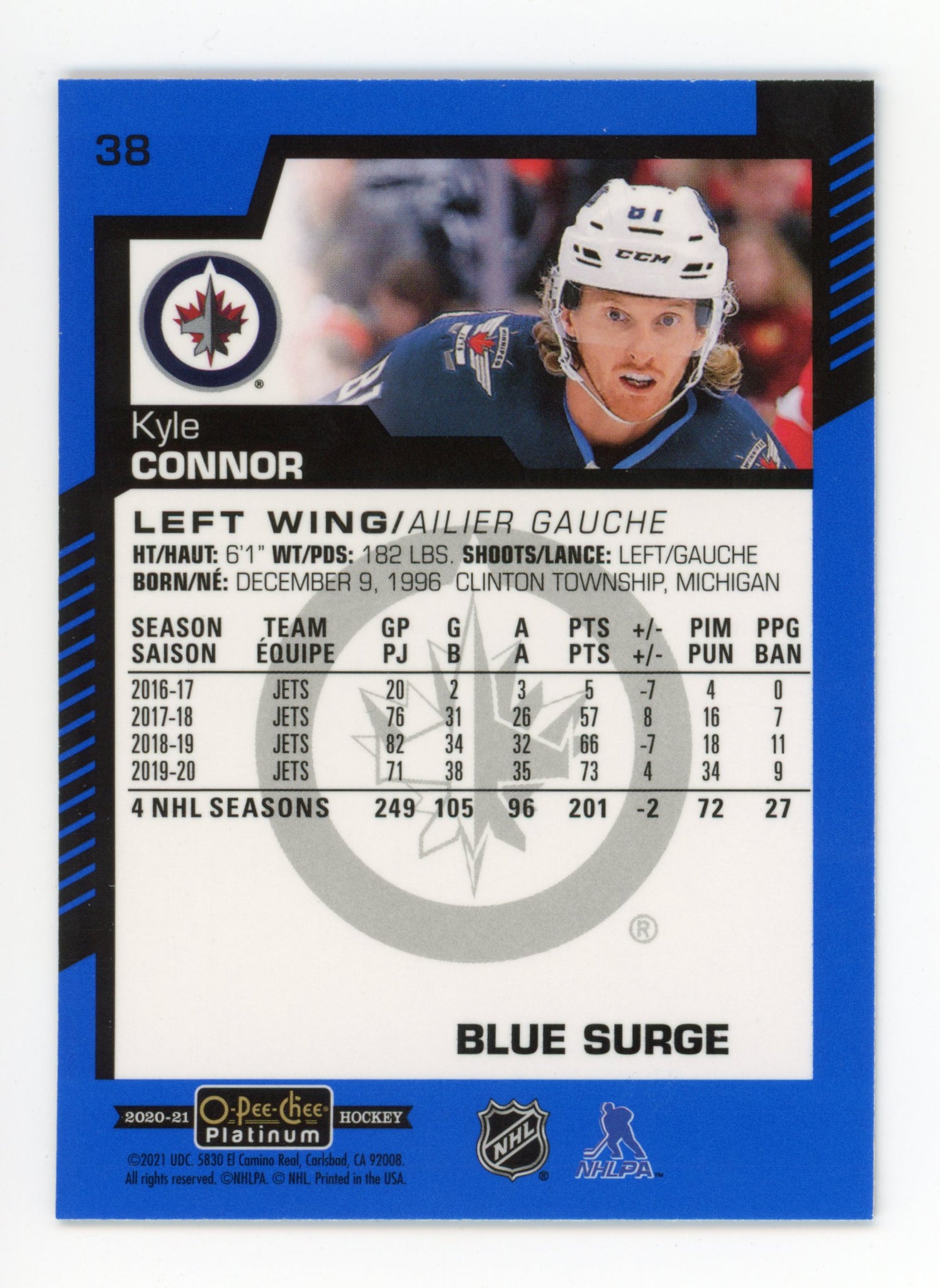 2020-2021 Kyle Connor Blue Surge OPC Winnipeg Jets # 38
