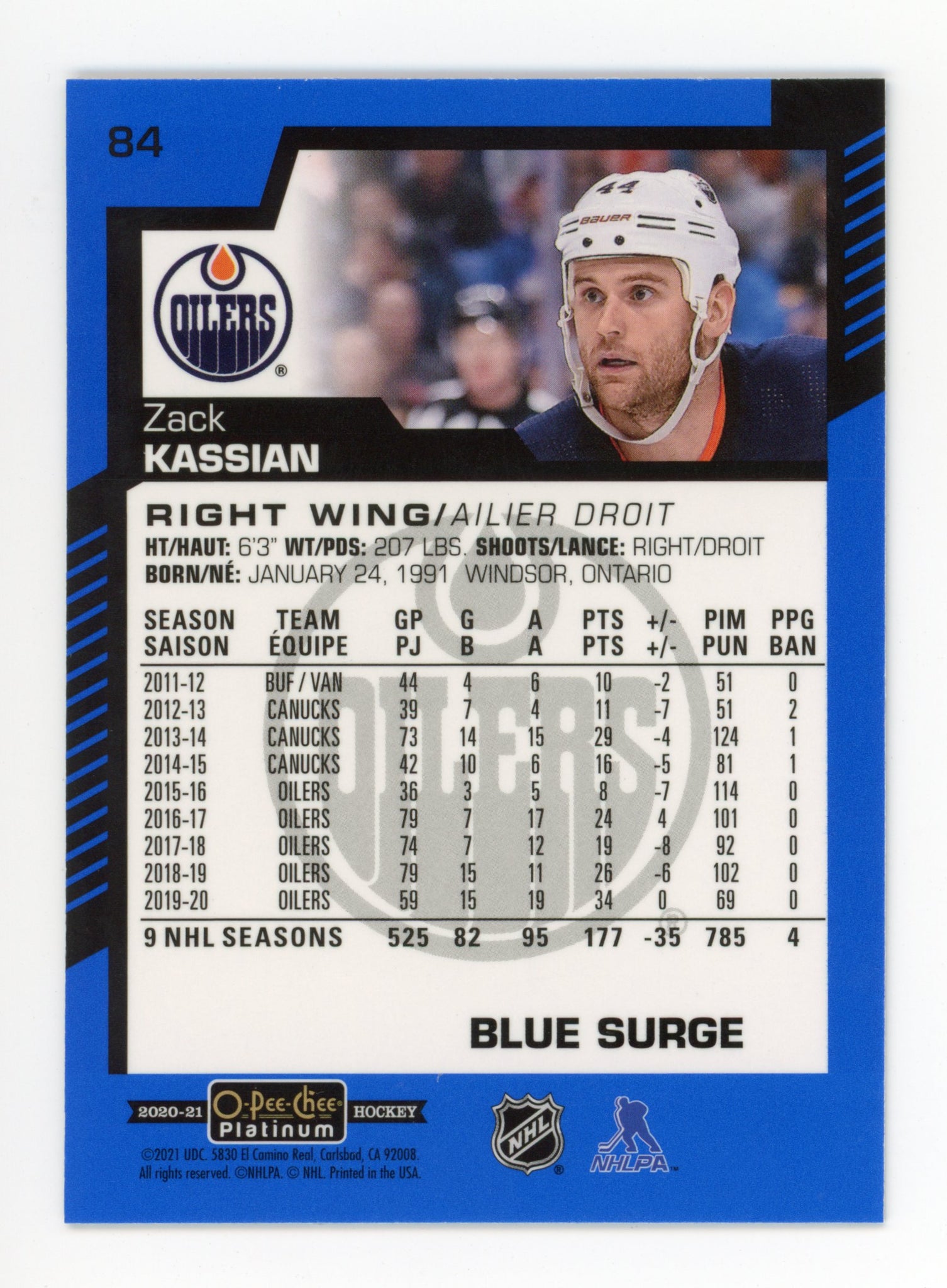 2020-2021 Zack Kassian Blue Surge OPC Edmonton Oilers # 84