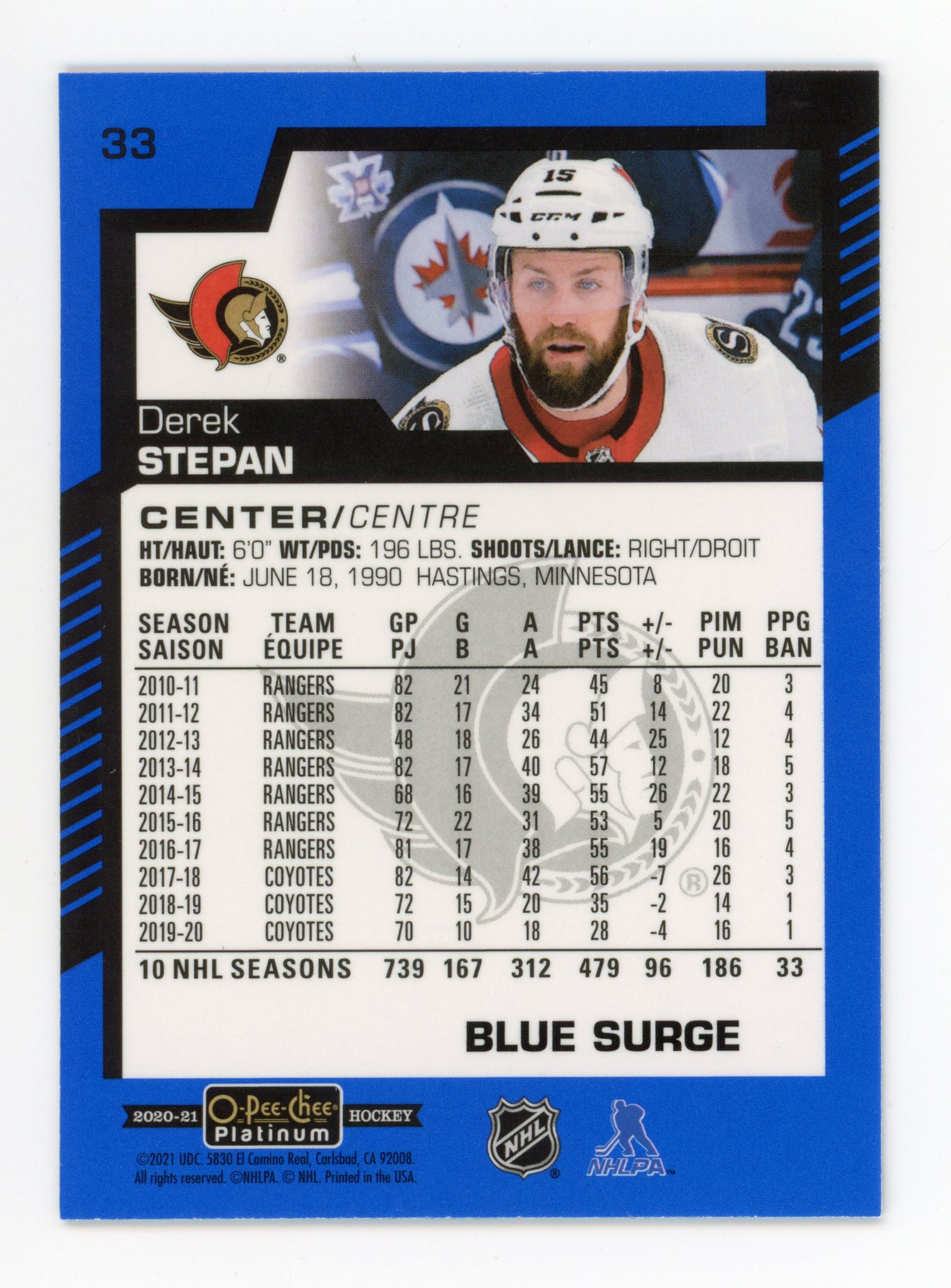 2020-2021 Derek Stepan Blue Surge OPC Ottawa Senators # 33