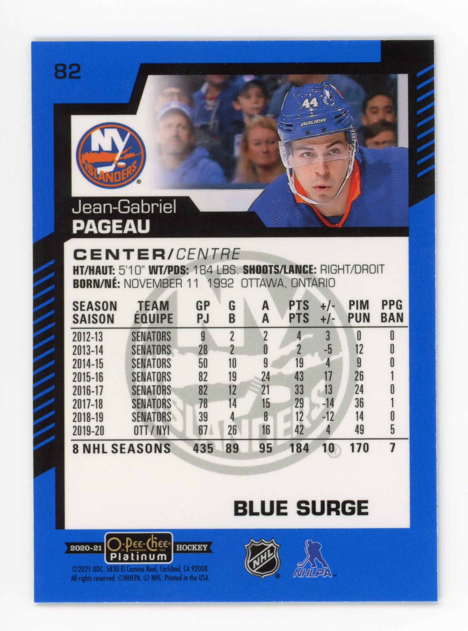 2020-2021 Jean-Gabriel Pageau Blue Surge OPC New York Islanders # 82