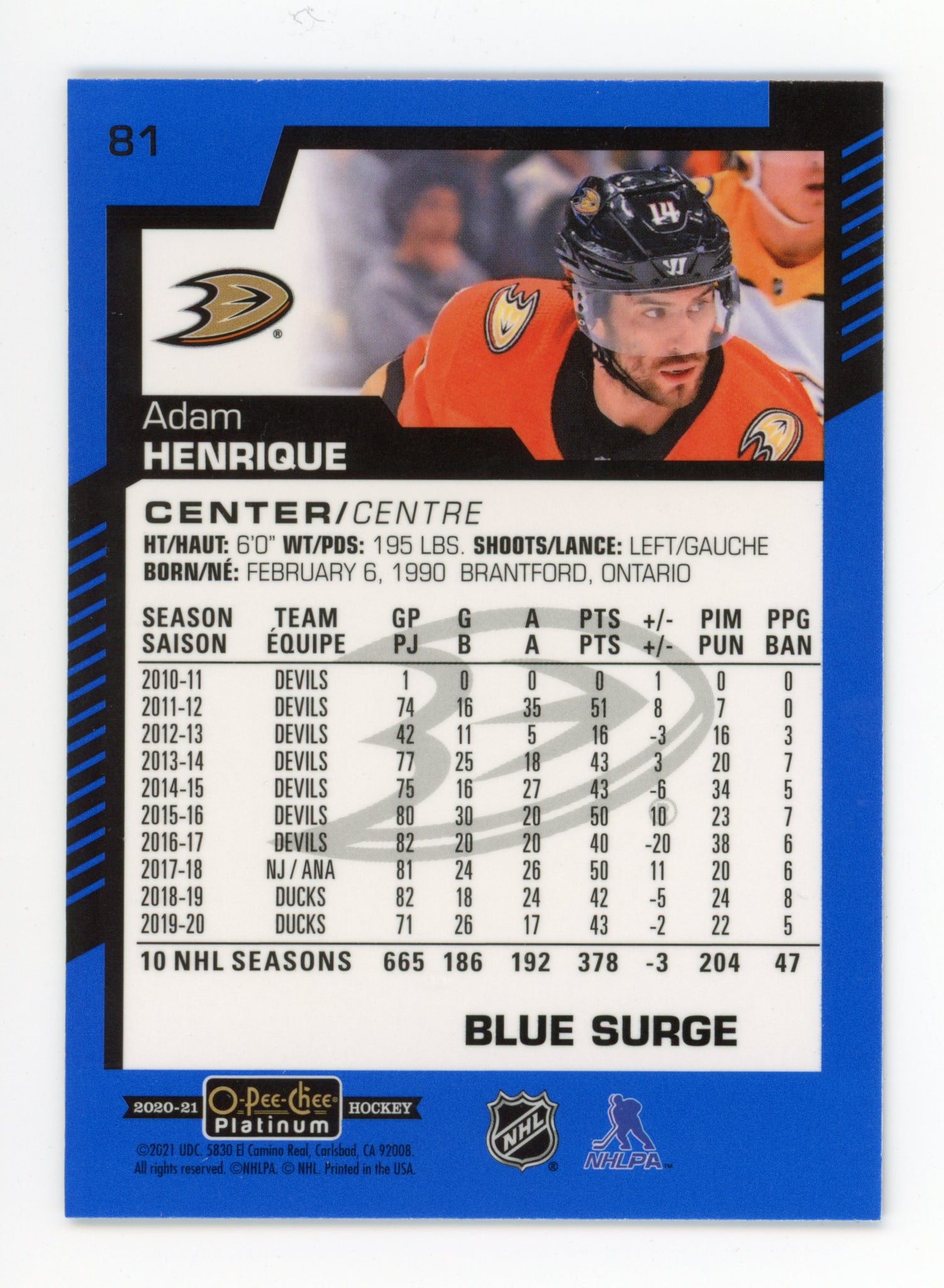 2020-2021 Adam Henrique Blue Surge OPC Anaheim Ducks # 81