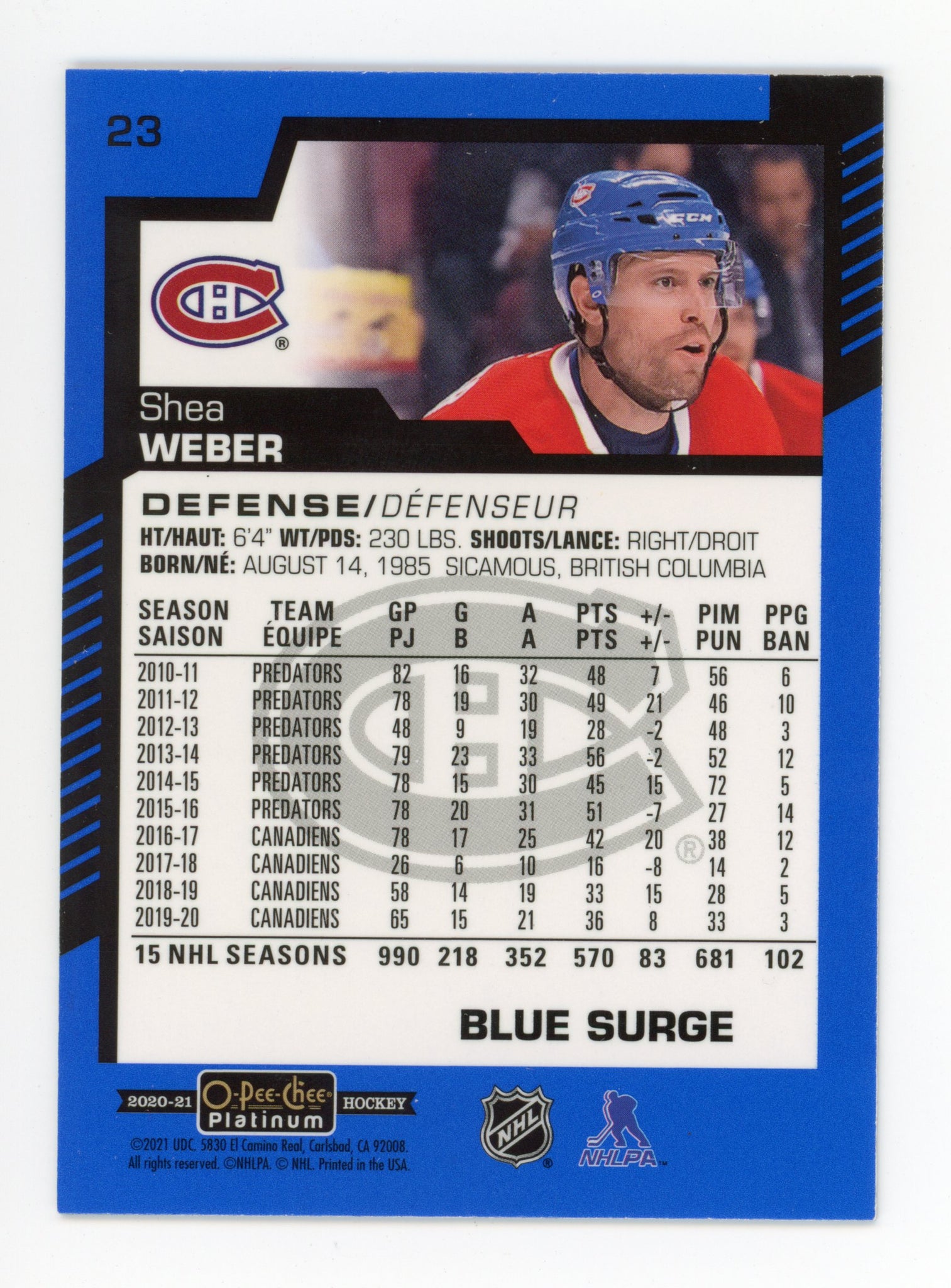 2020-2021 Shea Webber Blue Surge OPC Montreal Canadiens # 23