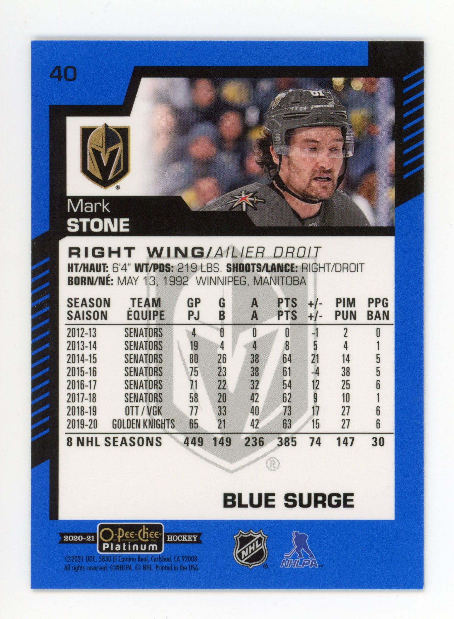 2020-2021 Mark Stone Blue Surge OPC Las Vegas Golden Knights # 40
