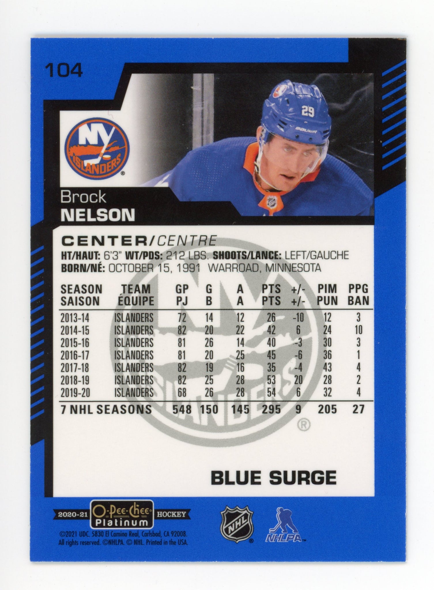 2020-2021 Brock Nelson Blue Surge OPC New York Islanders # 104
