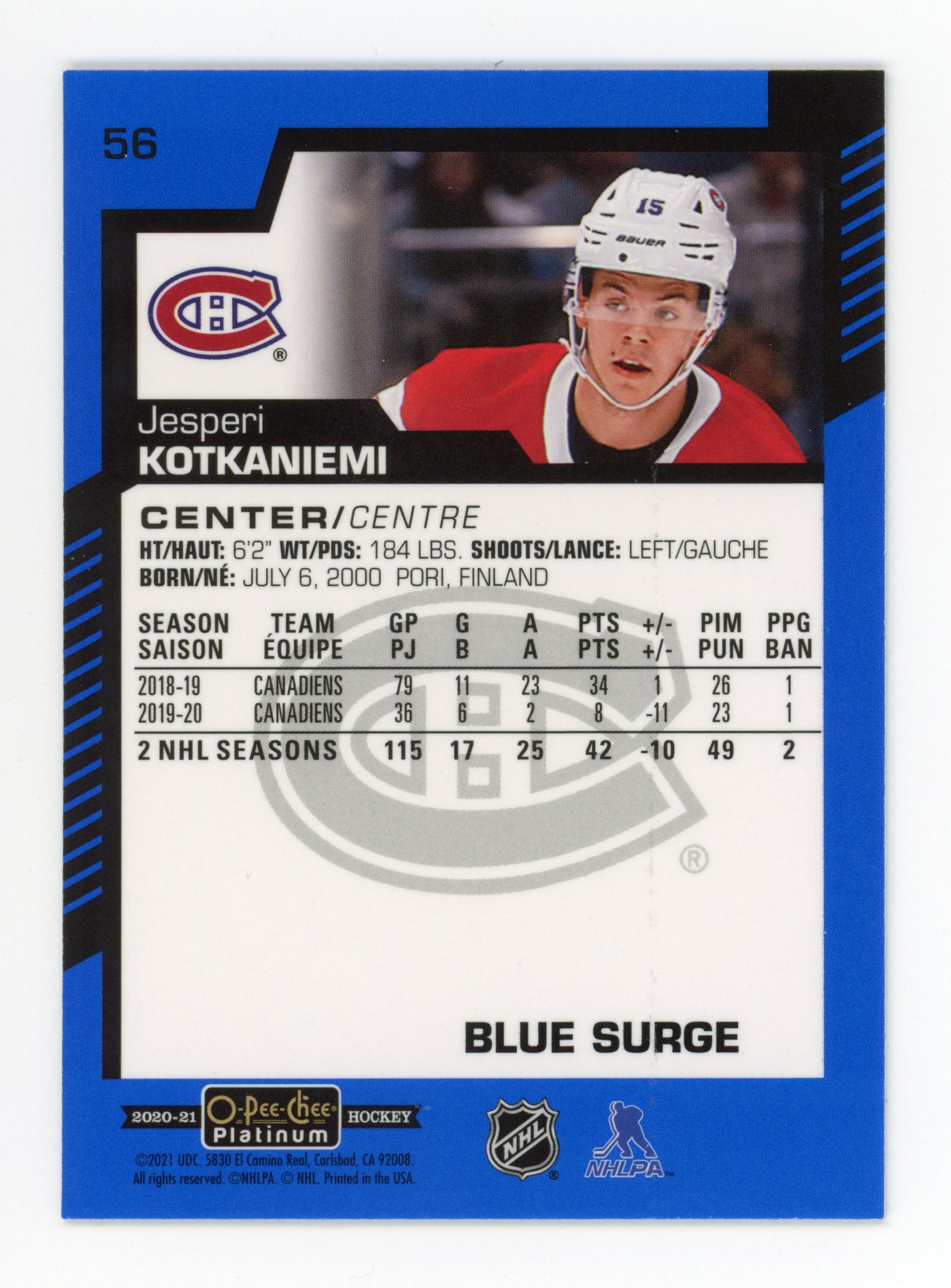 2020-2021 Jesperi Kotkaniemi Blue Surge OPC Montreal Canadiens # 56