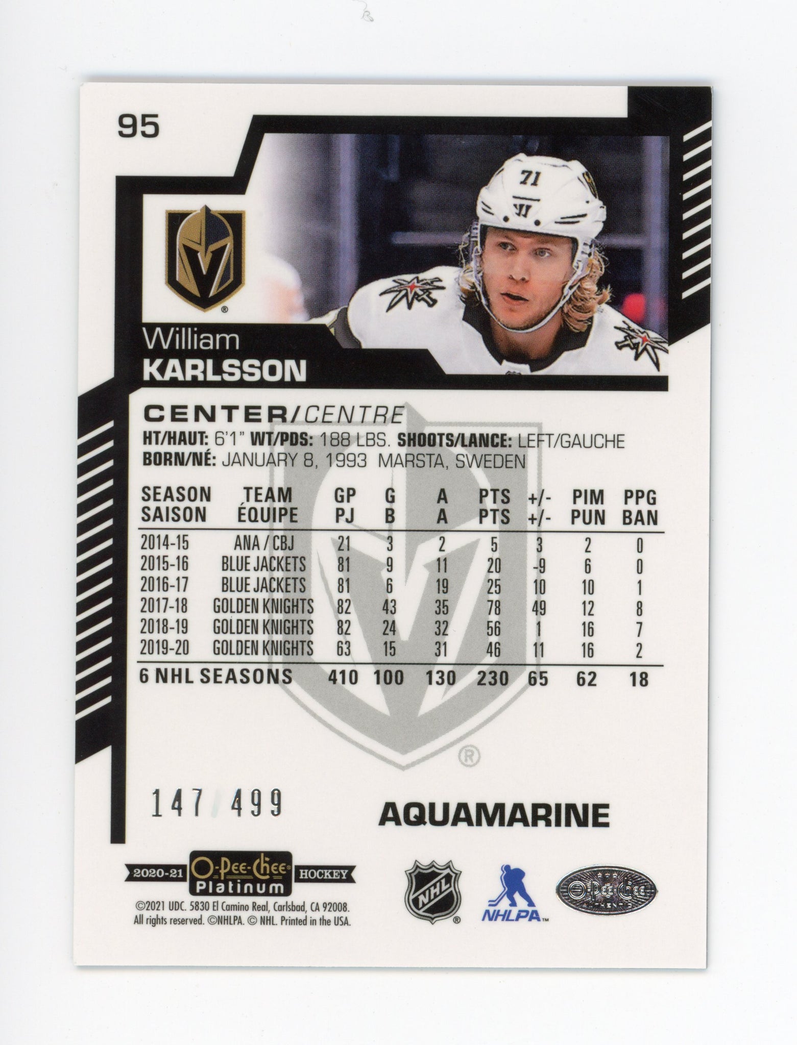 2020-2021 William Karlsson Aquamarine #d /499 Las Vegas Golden Knights # 95