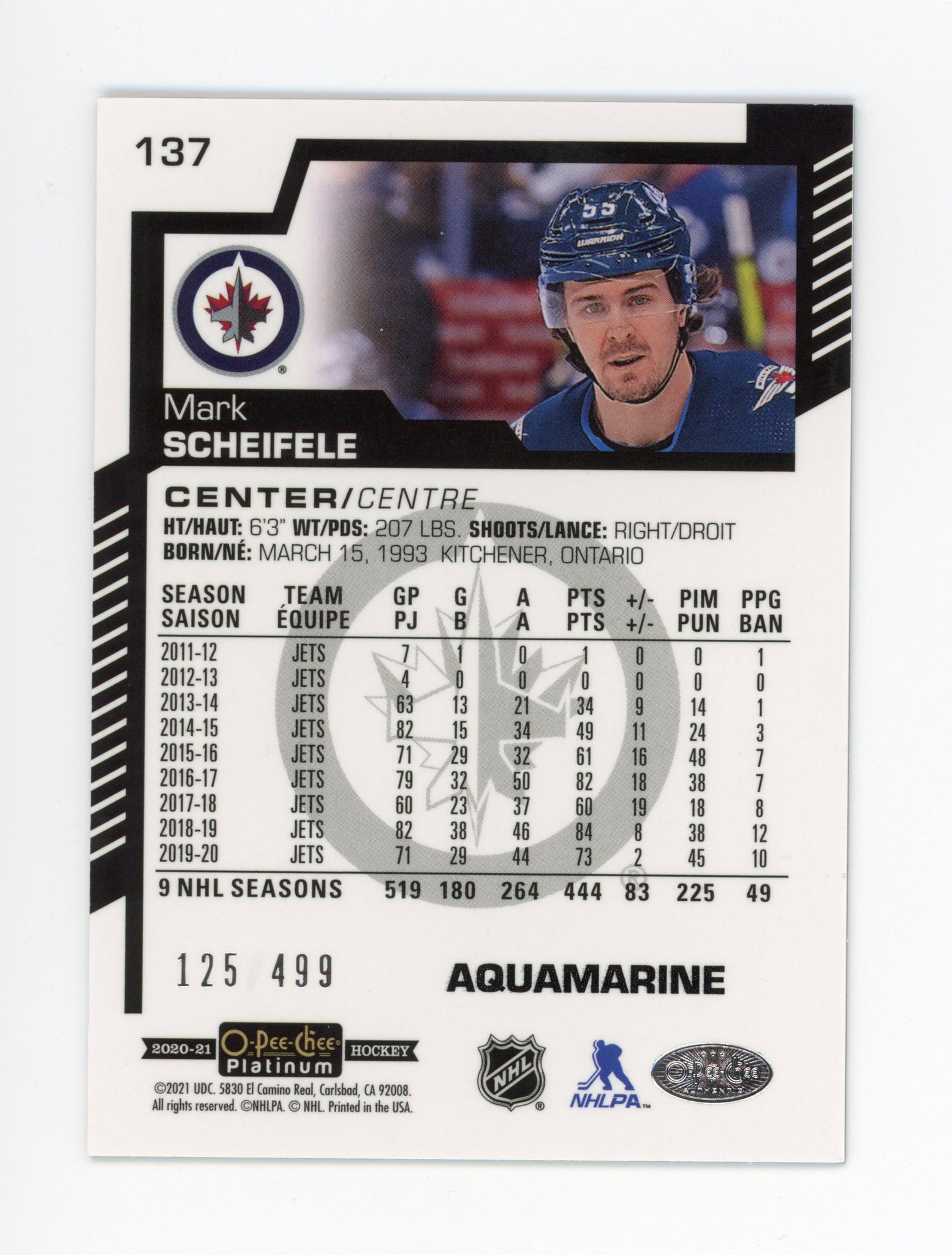 2020-2021 Mark Scheifele Aquamarine OPC Winnipeg Jets # 137