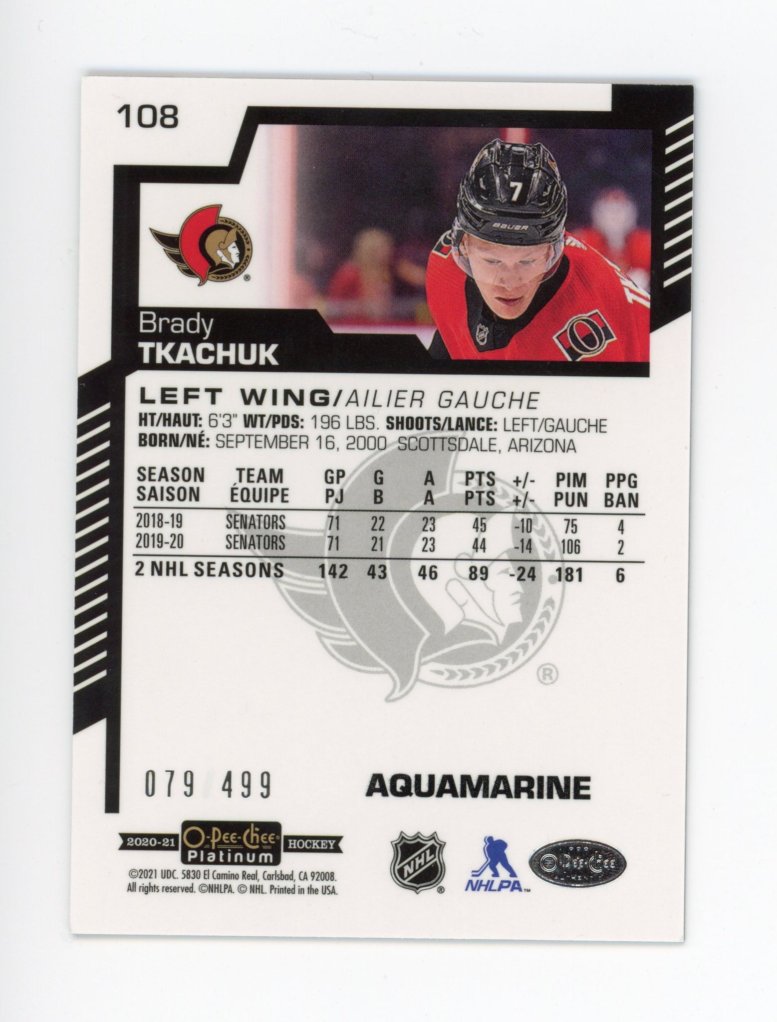 2020-2021 Brady Tkachuk Aquamarine #d /499 Ottawa Senators # 108