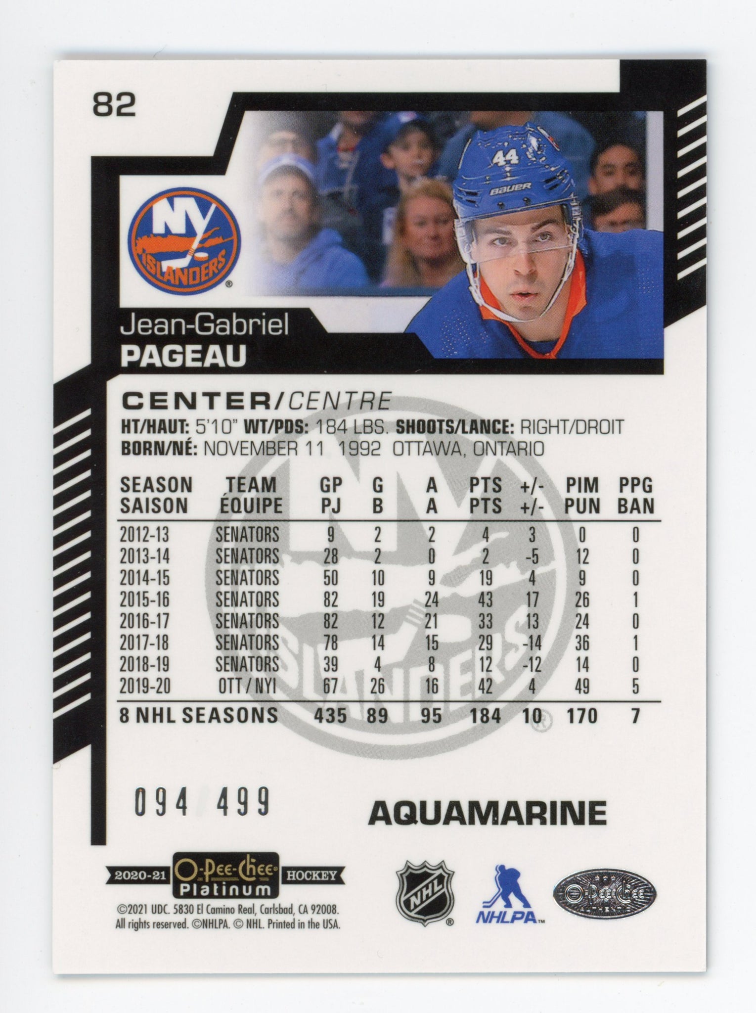 2020-2021 Jean-Gabriel Pageau Aquamarine #d /499 OPC New York Islanders # 82