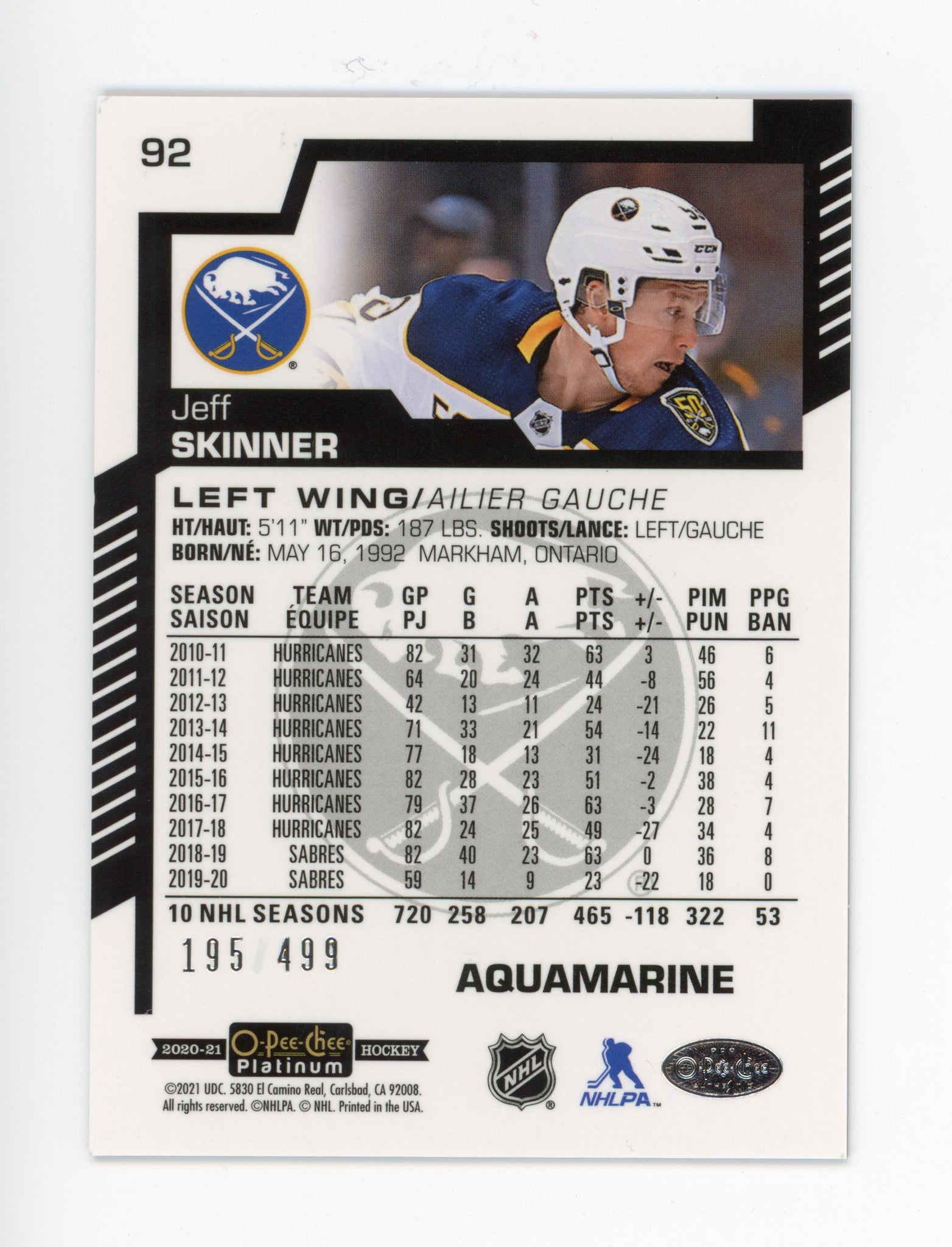 2020-2021 Jeff Skinner Aquamarine #d /499 OPC Buffalo Sabres # 92