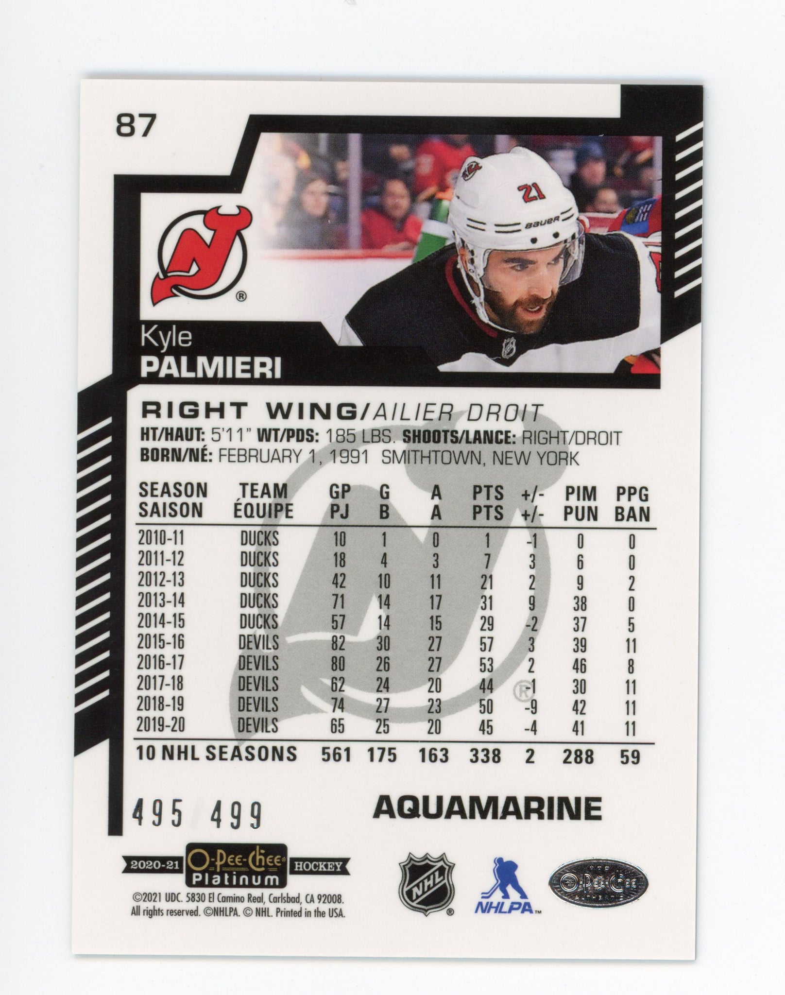 2020-2021 Kyle Palmieri Aquamarine #d /499 OPC New Jersey Devils # 87