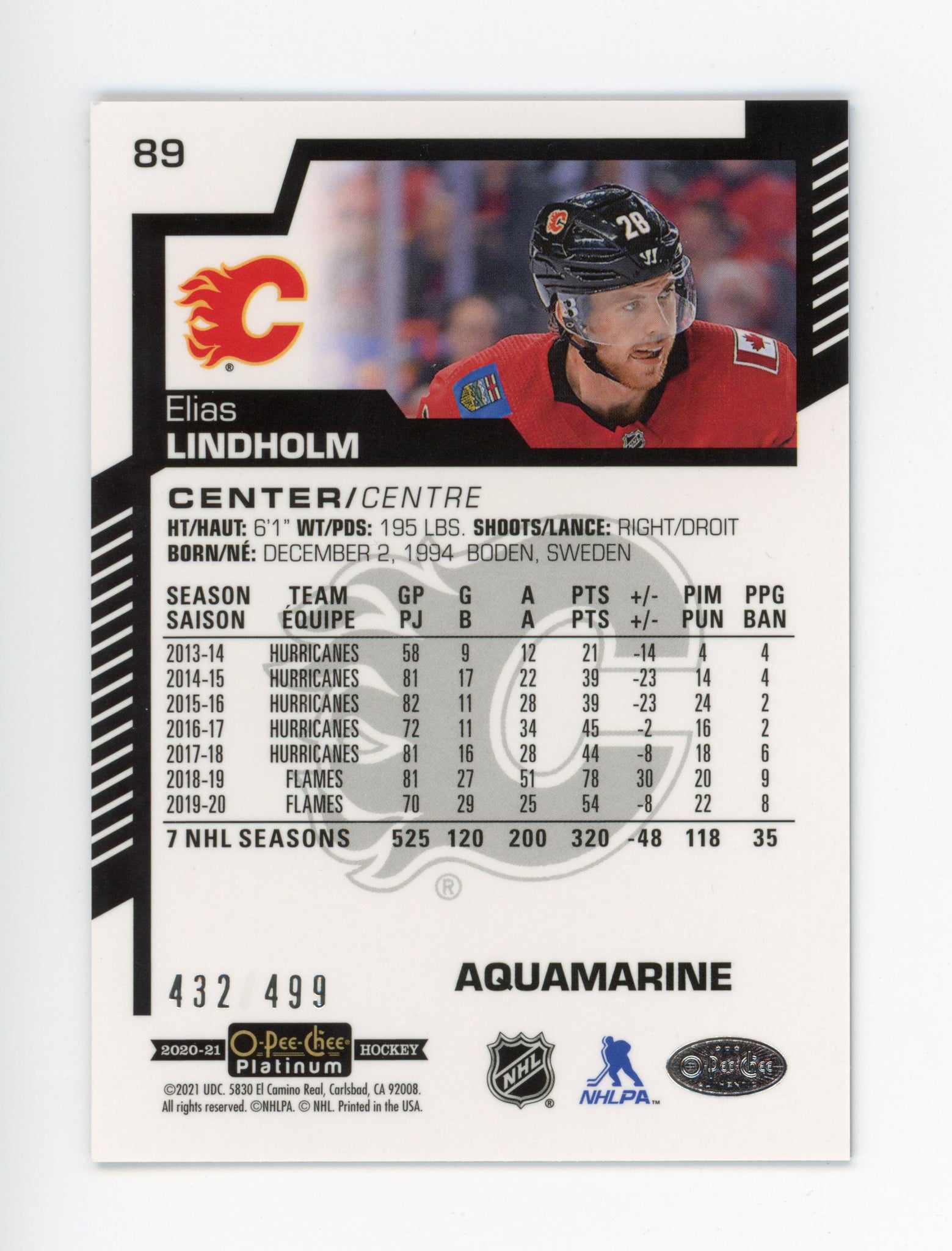 2020-2021 Elias Lindholm Aquamarine #d /499 OPC Calgary Flames # 89